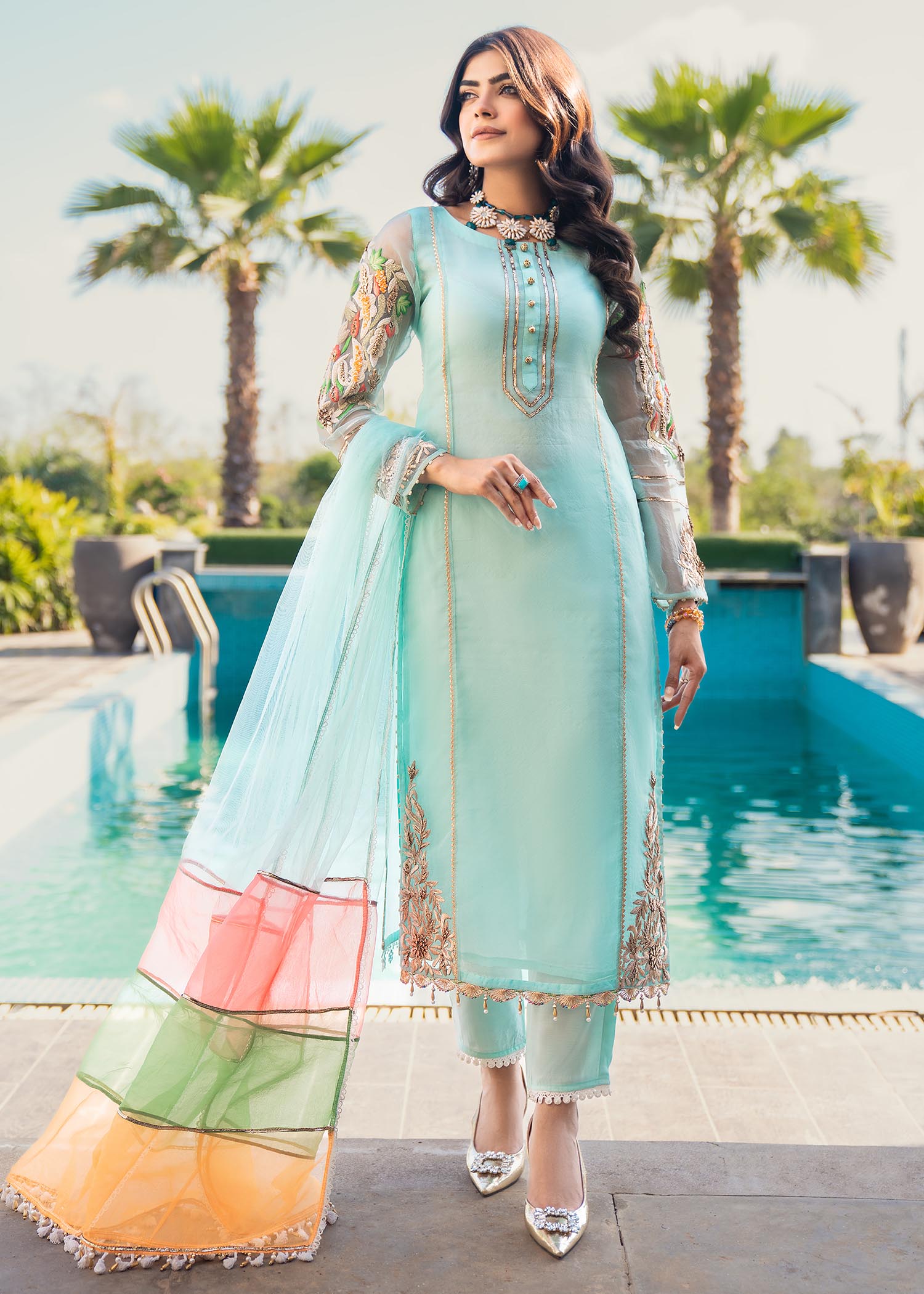 organza Kurta Set in Light cyan