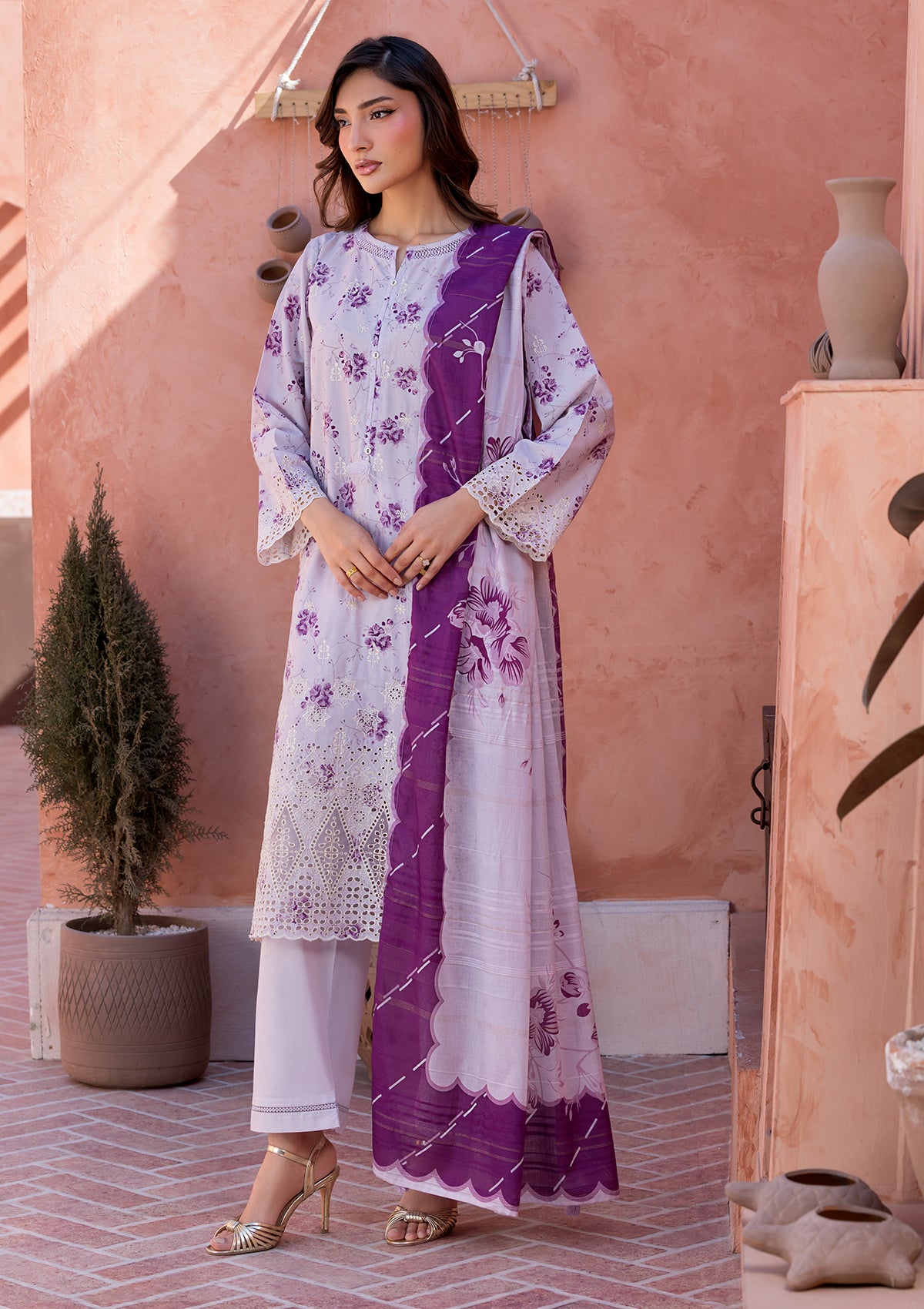 lawn Kurta Set in Purple taupe