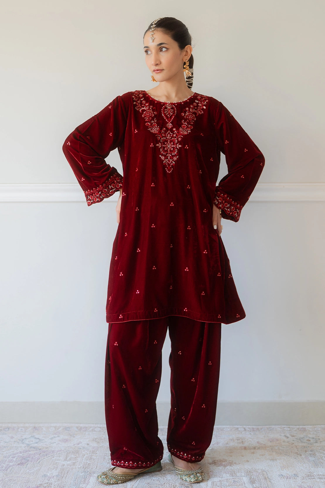 pashmina velvet Kurta Set in Blood red