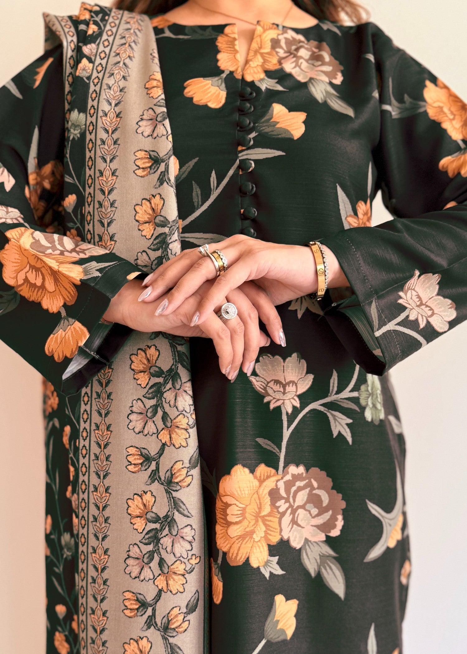 khaddar Kurta Set in Dark green