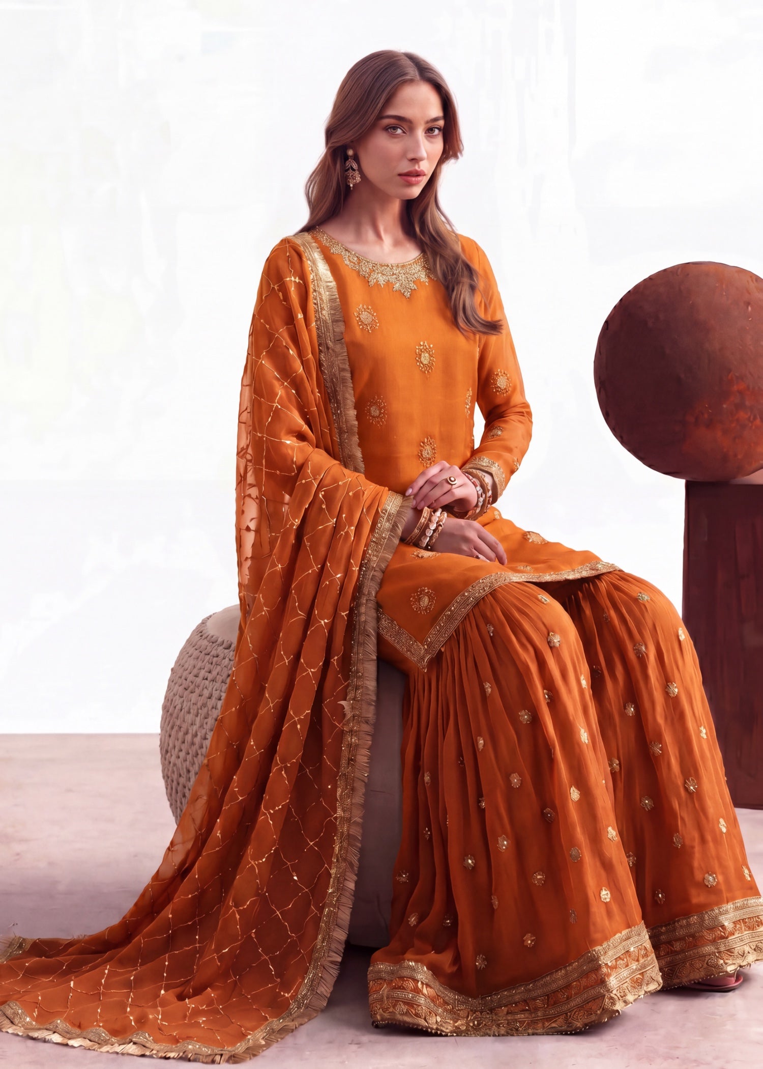 chiffon Gharara in Rust orange