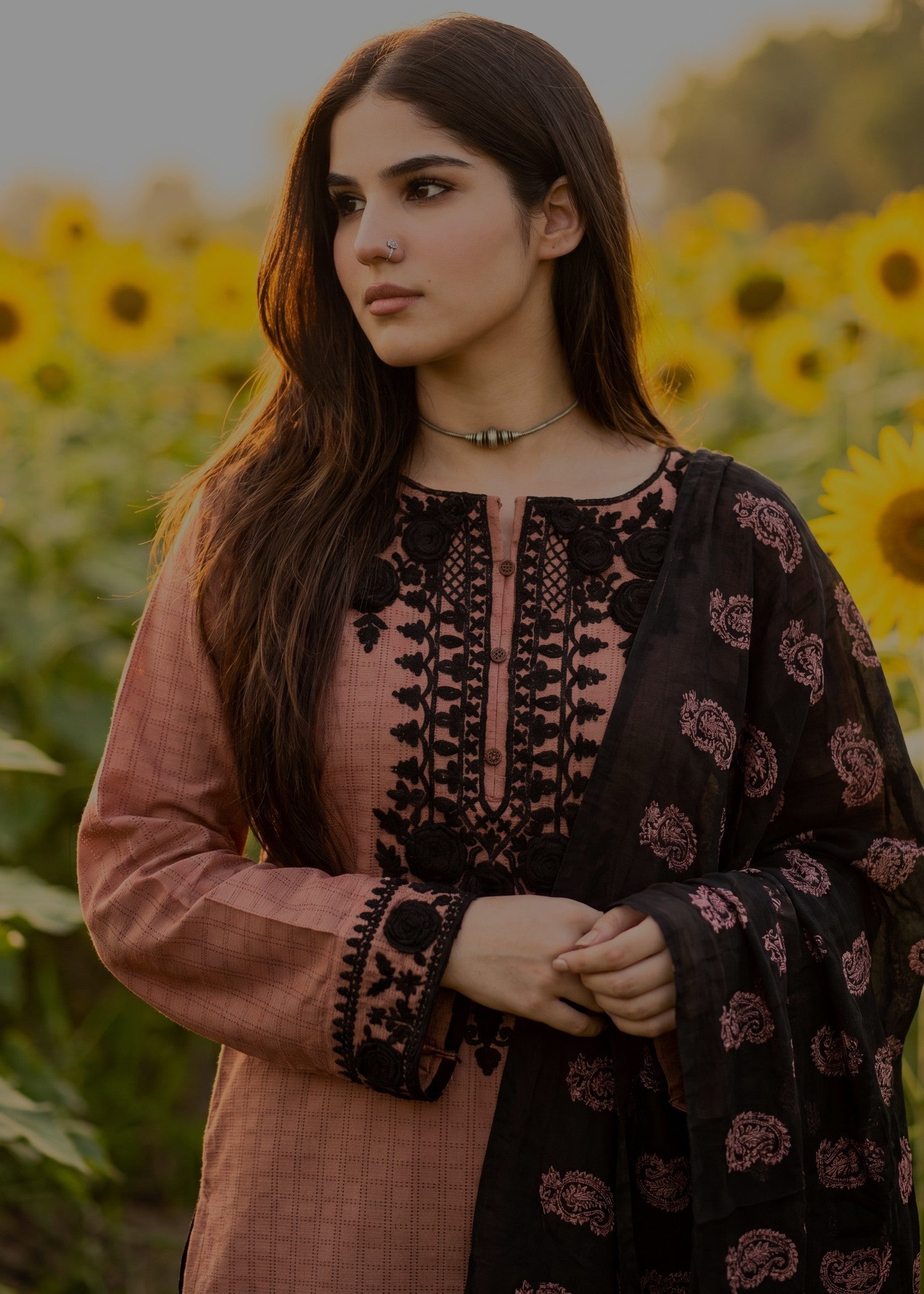 textured lawn Kurta Set in Black, pecan brown