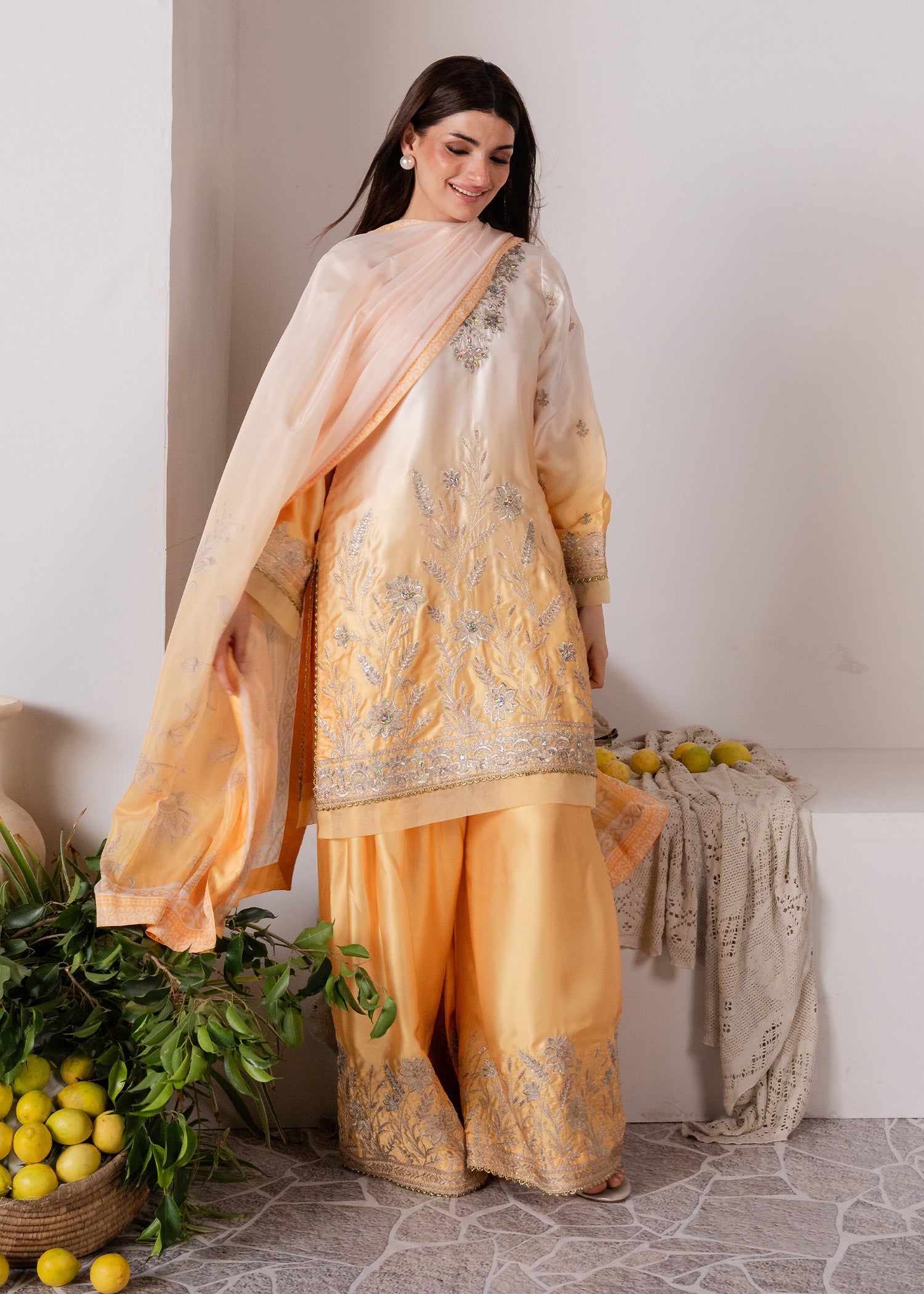 charmuse/shamooz Kurta Set in Off-white, goldfish orange