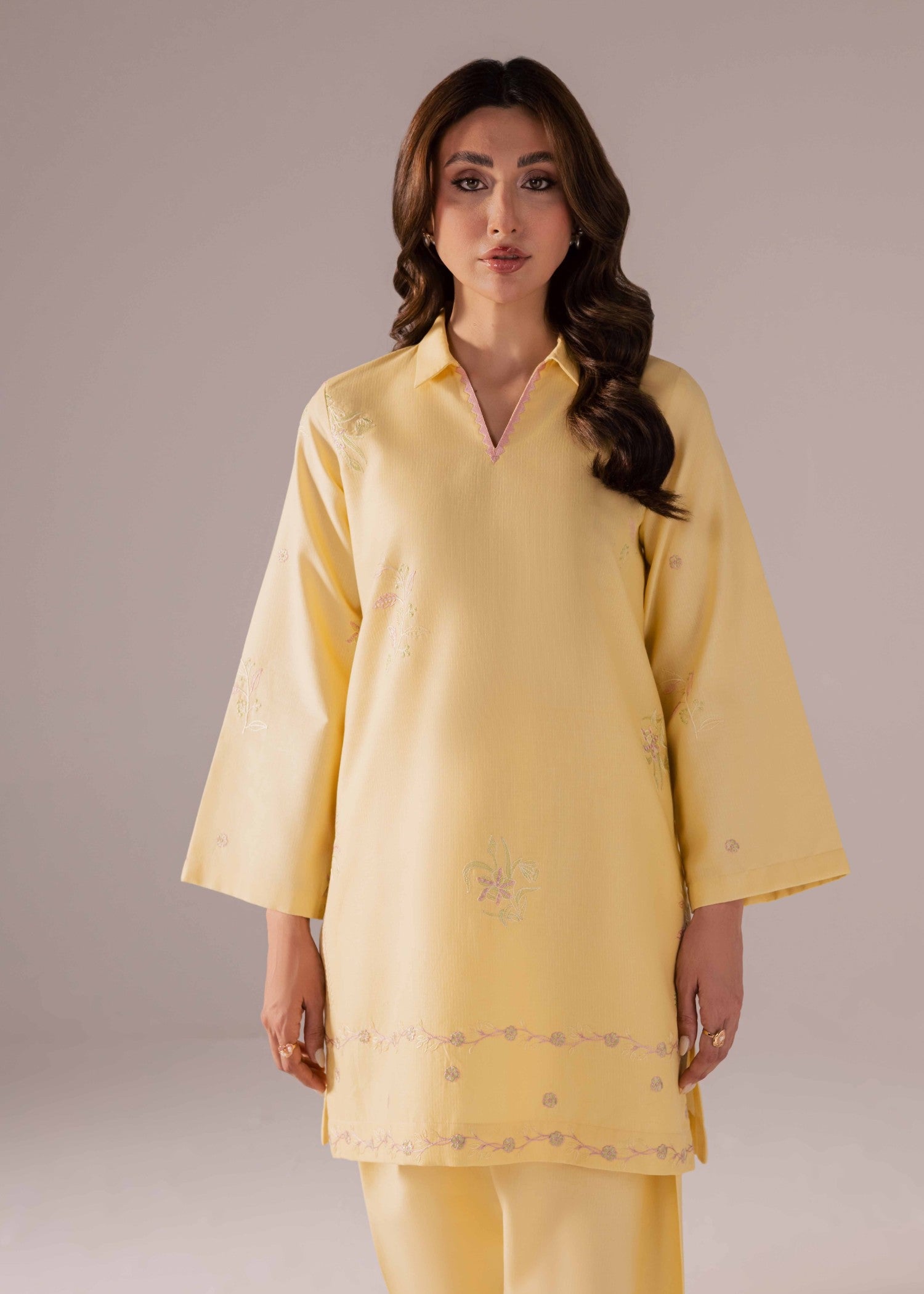 ribbed lawn Kurta Set in Yellow