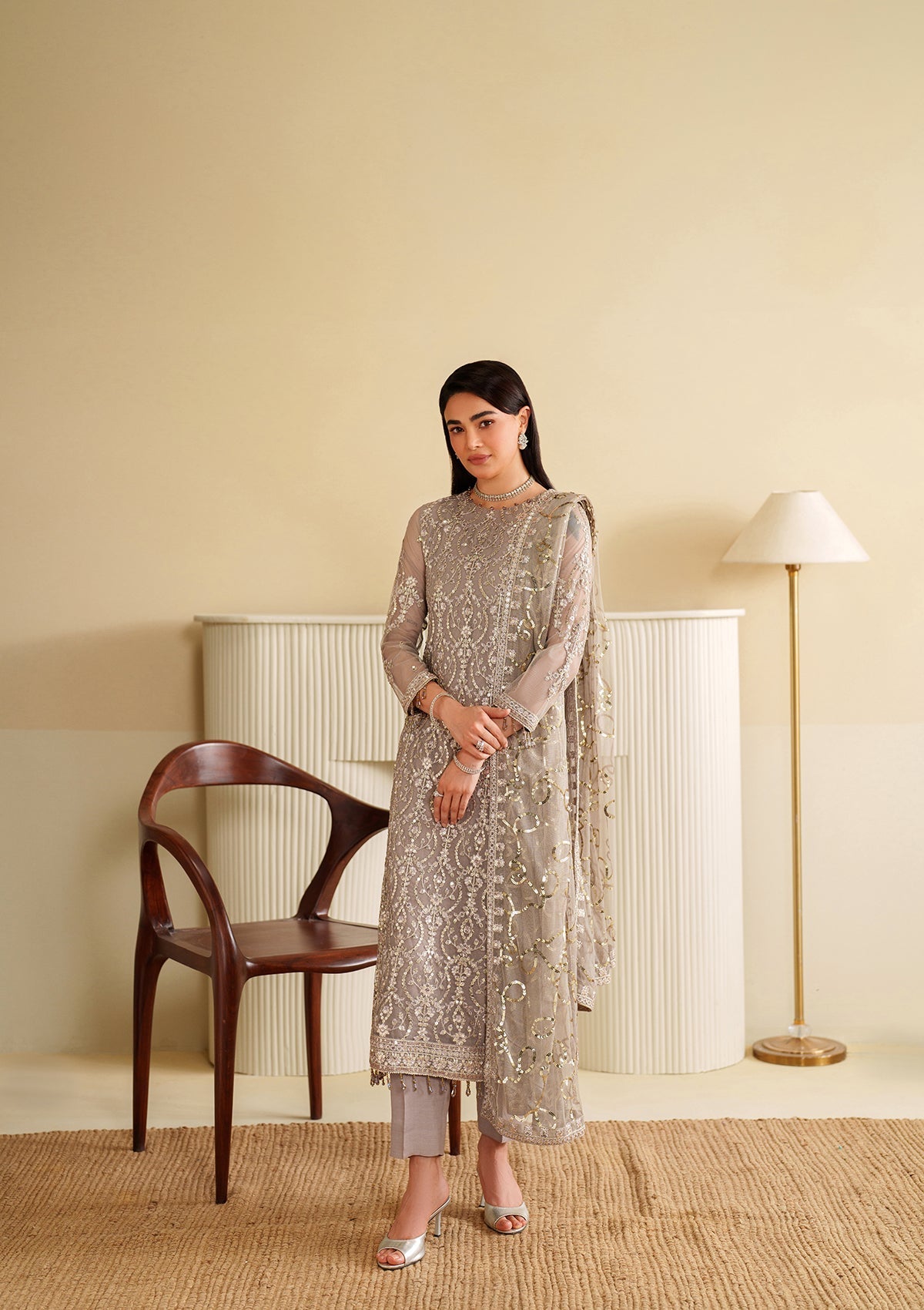 khaddi net Kurta Set in Silver