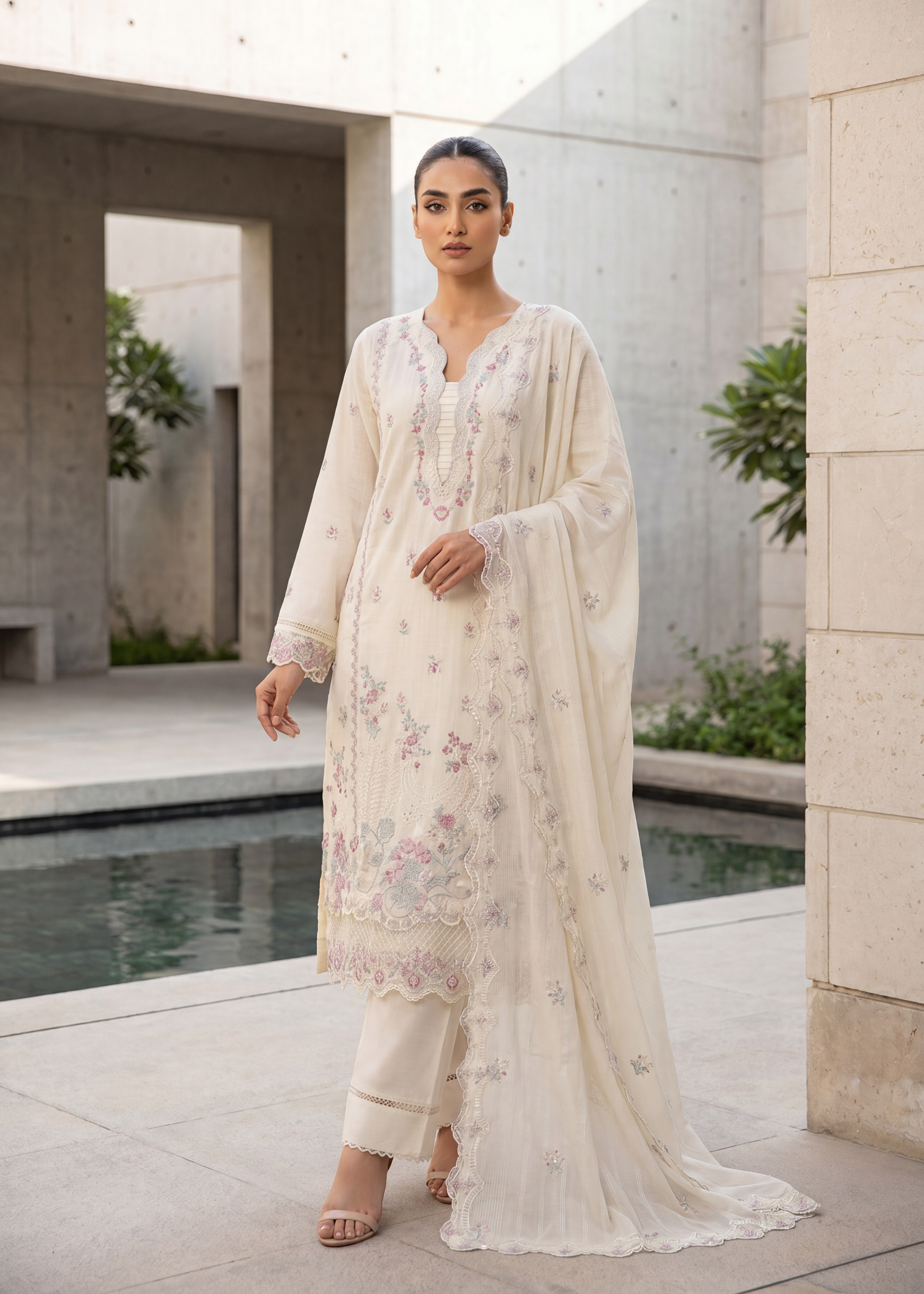 slub lawn Kurta Set in Ivory