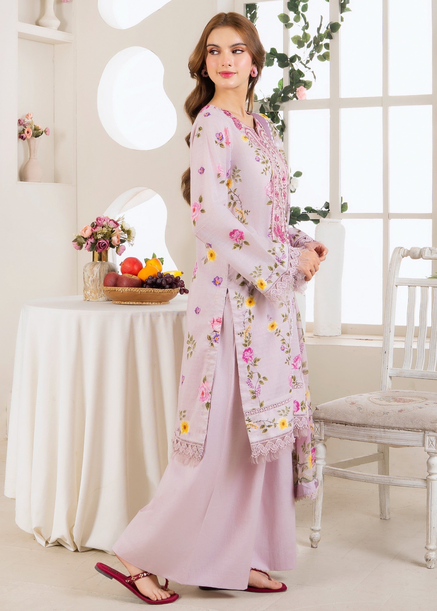 slub lawn Kurta Set in Lavender blush