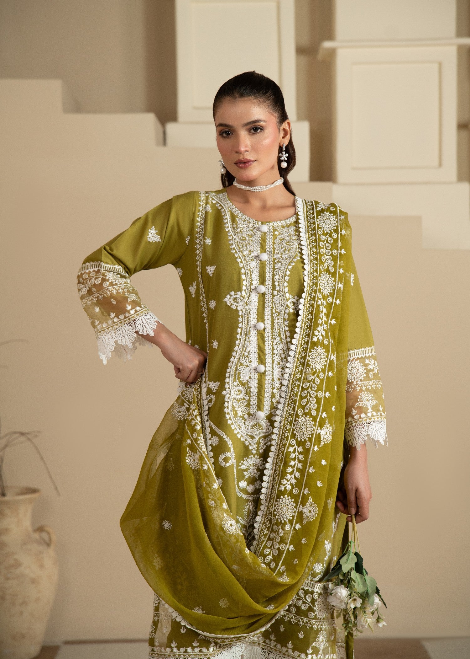 cotton Kurta Set in Olive green