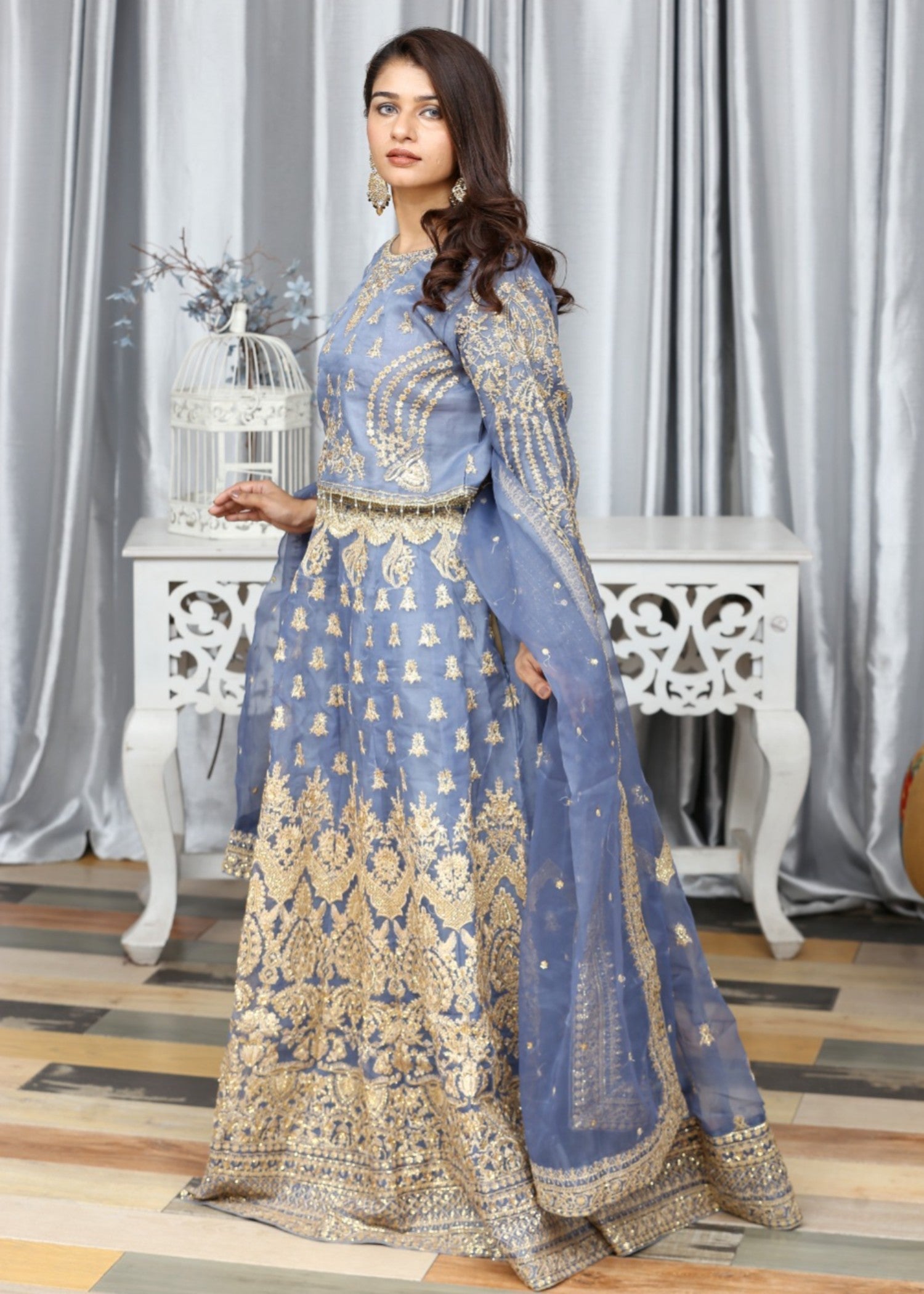 organza Lehenga in Duck egg grey