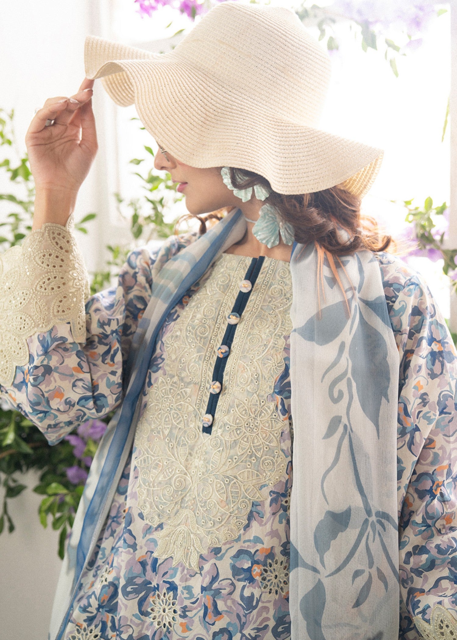 lawn cotton Kurta Set in Sky blue, linen