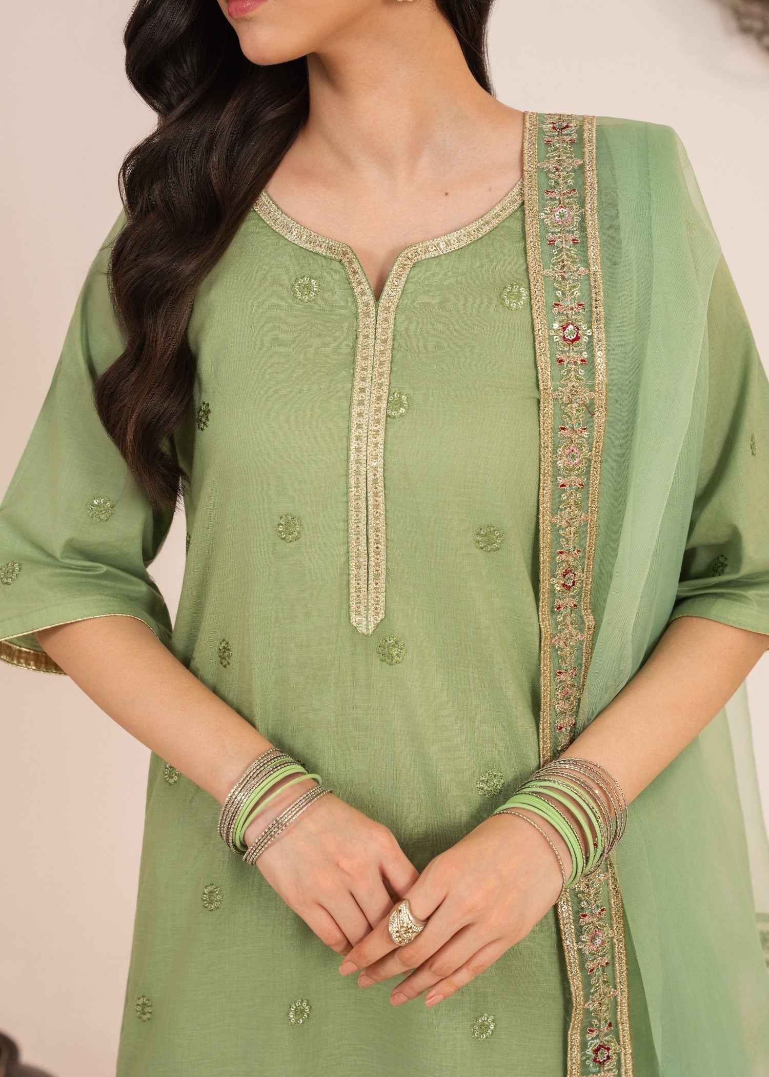 lawn Kurta Set in Pistachio green, gold