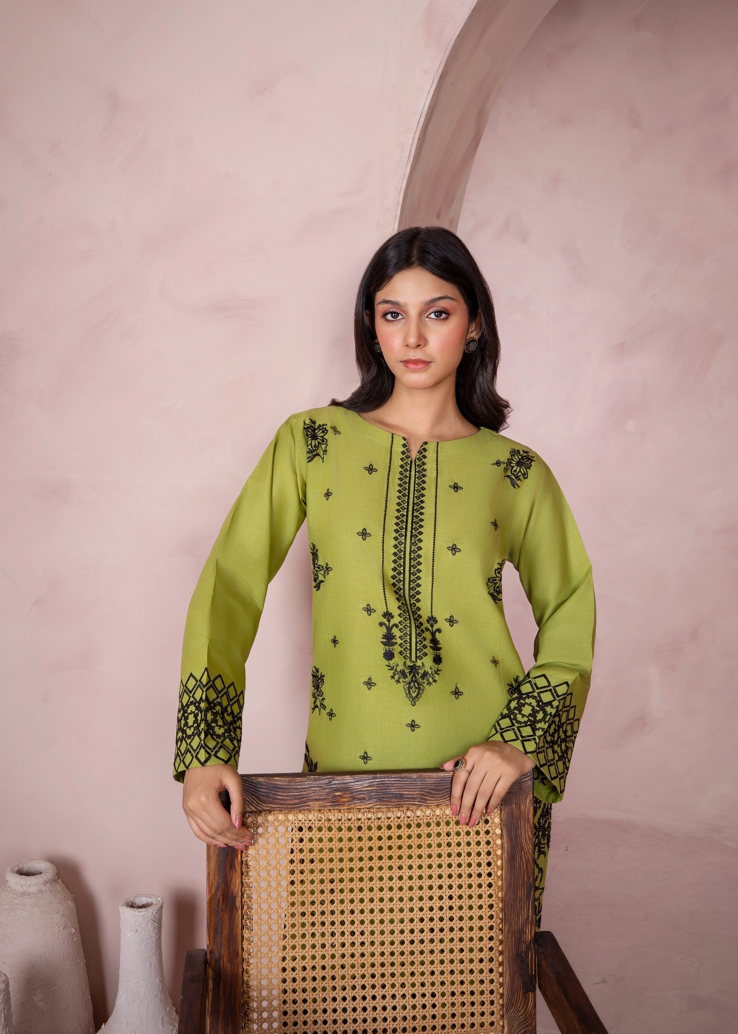 lawn cotton Kurta Set in Yellow green