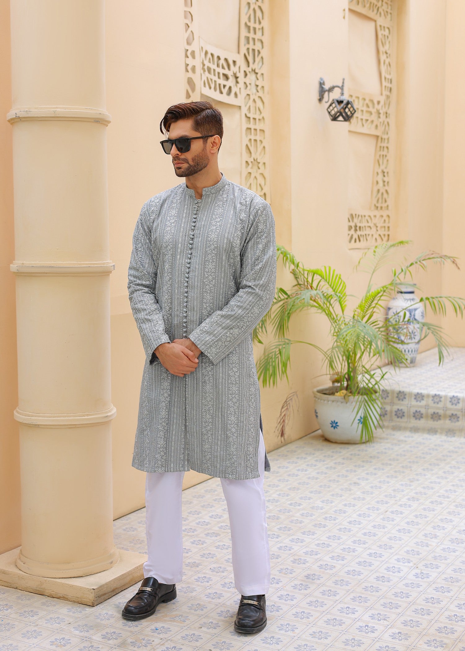 raw silk Kurta Set in Light grey