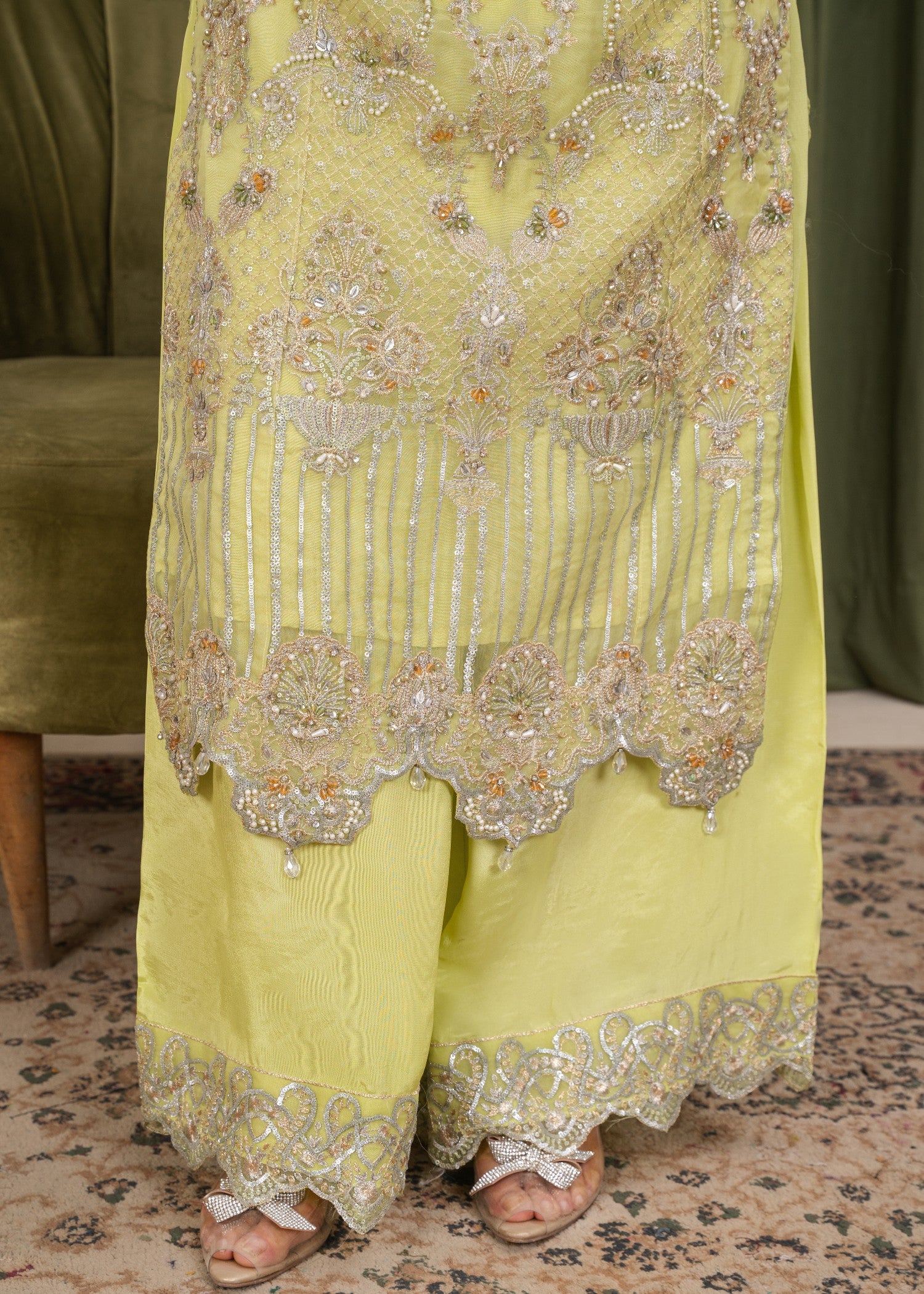 crystal organza Kurta Set in Pear