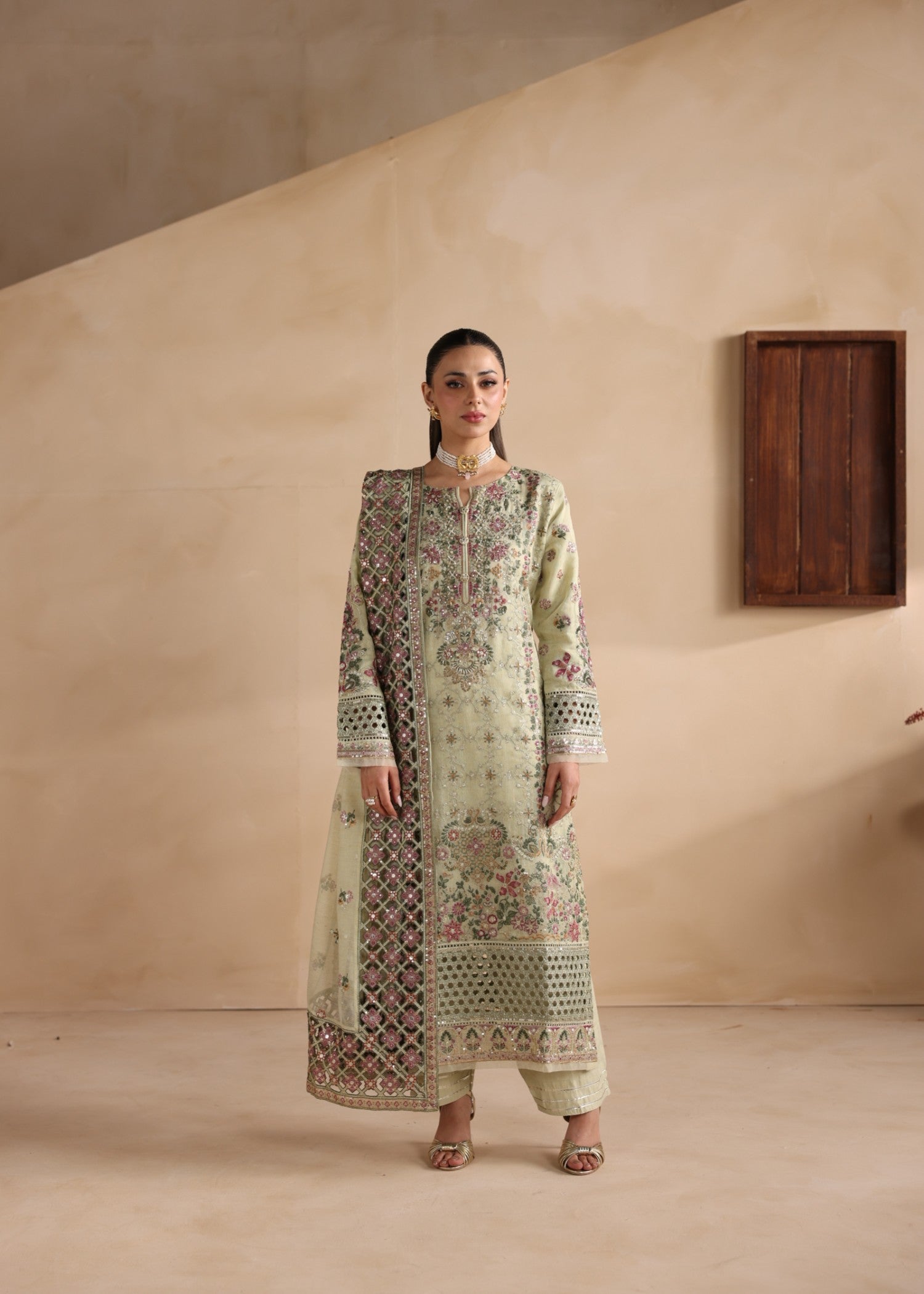 khaddi net Kurta Set in Pistachio green