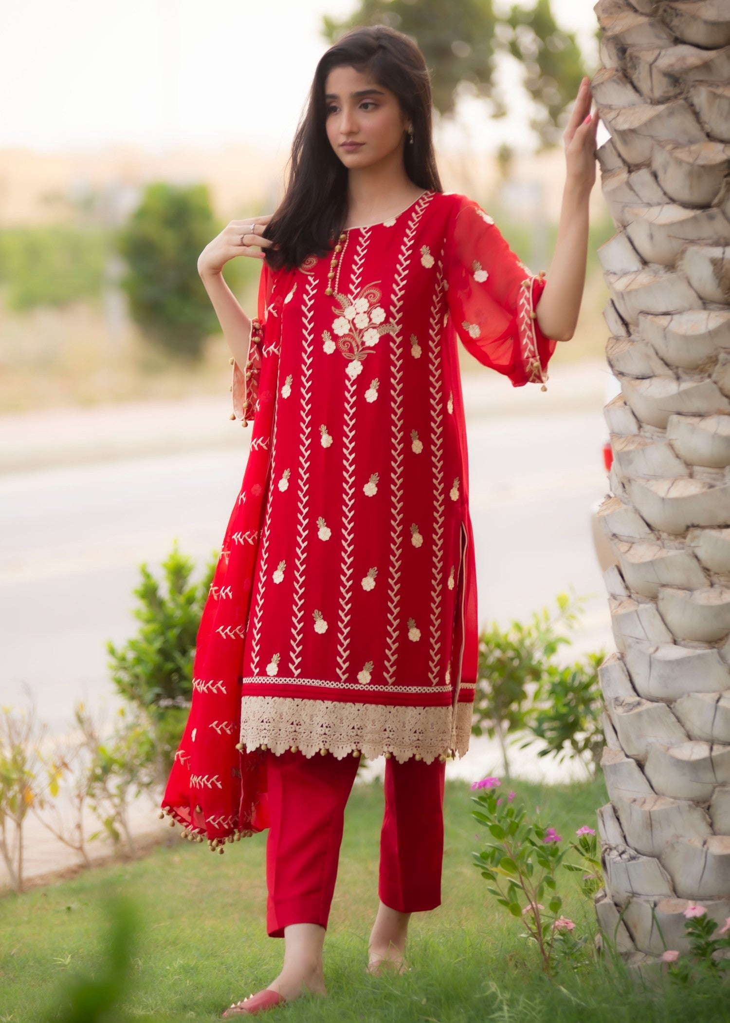 chiffon Kurta Set in Imperial red
