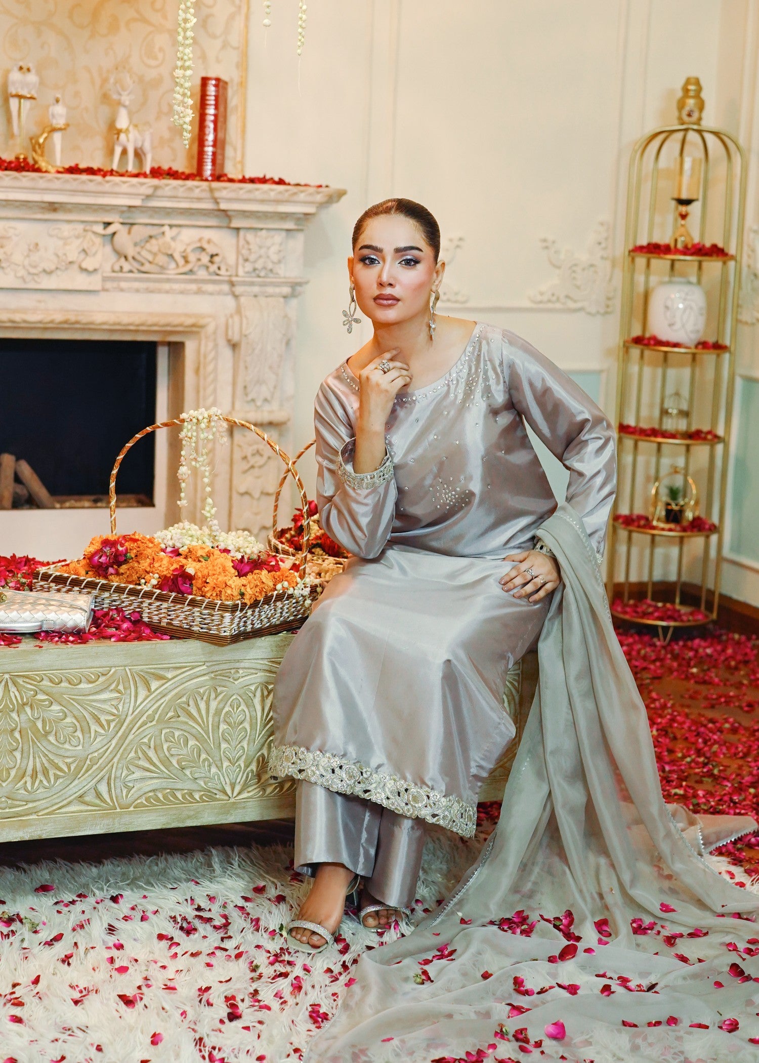 korean raw silk Kurta Set in Silver
