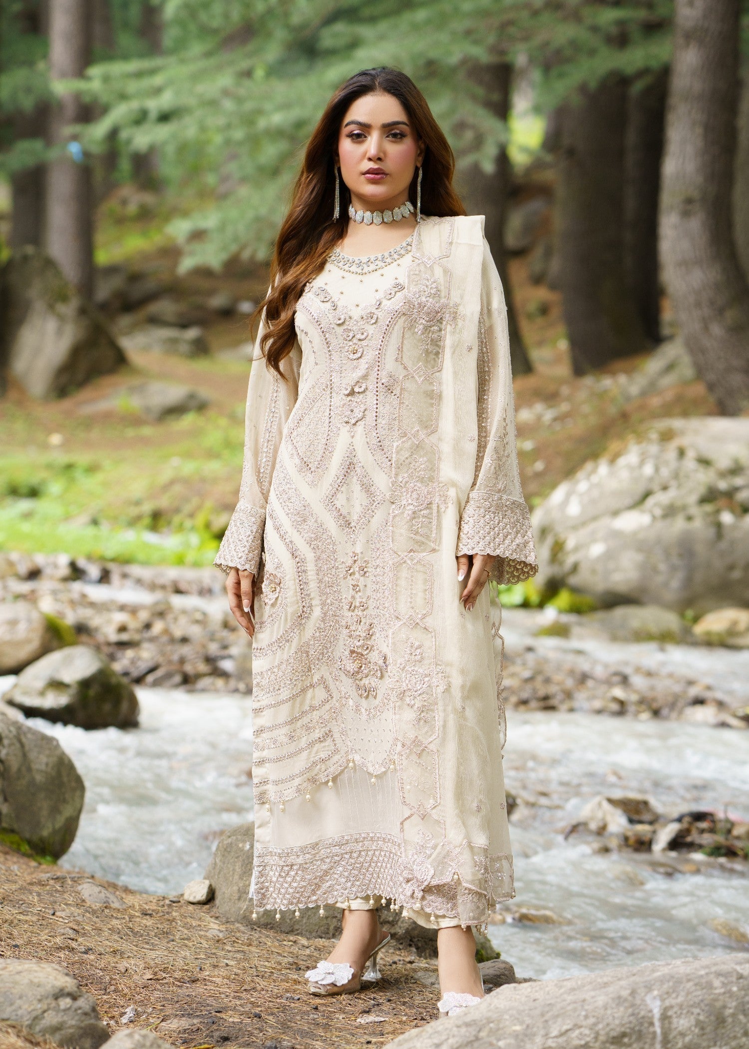 chiffon Kurta Set in Eggshell
