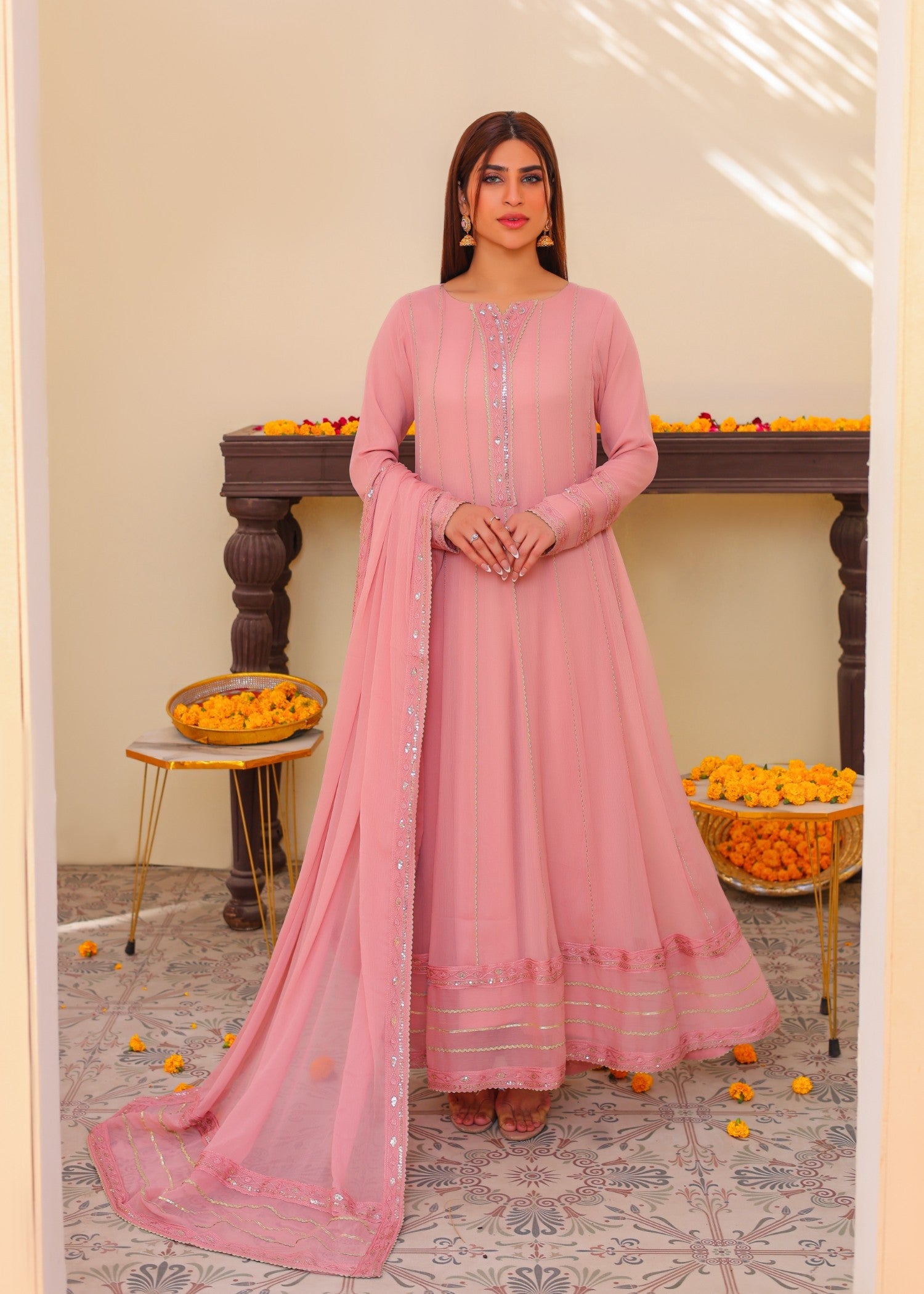 bemberg crinkle chiffon Maxi in Blush pink