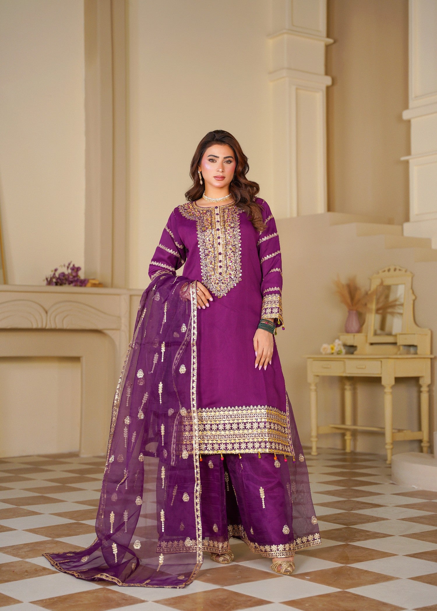 chiffon Sharara in Purple, gold