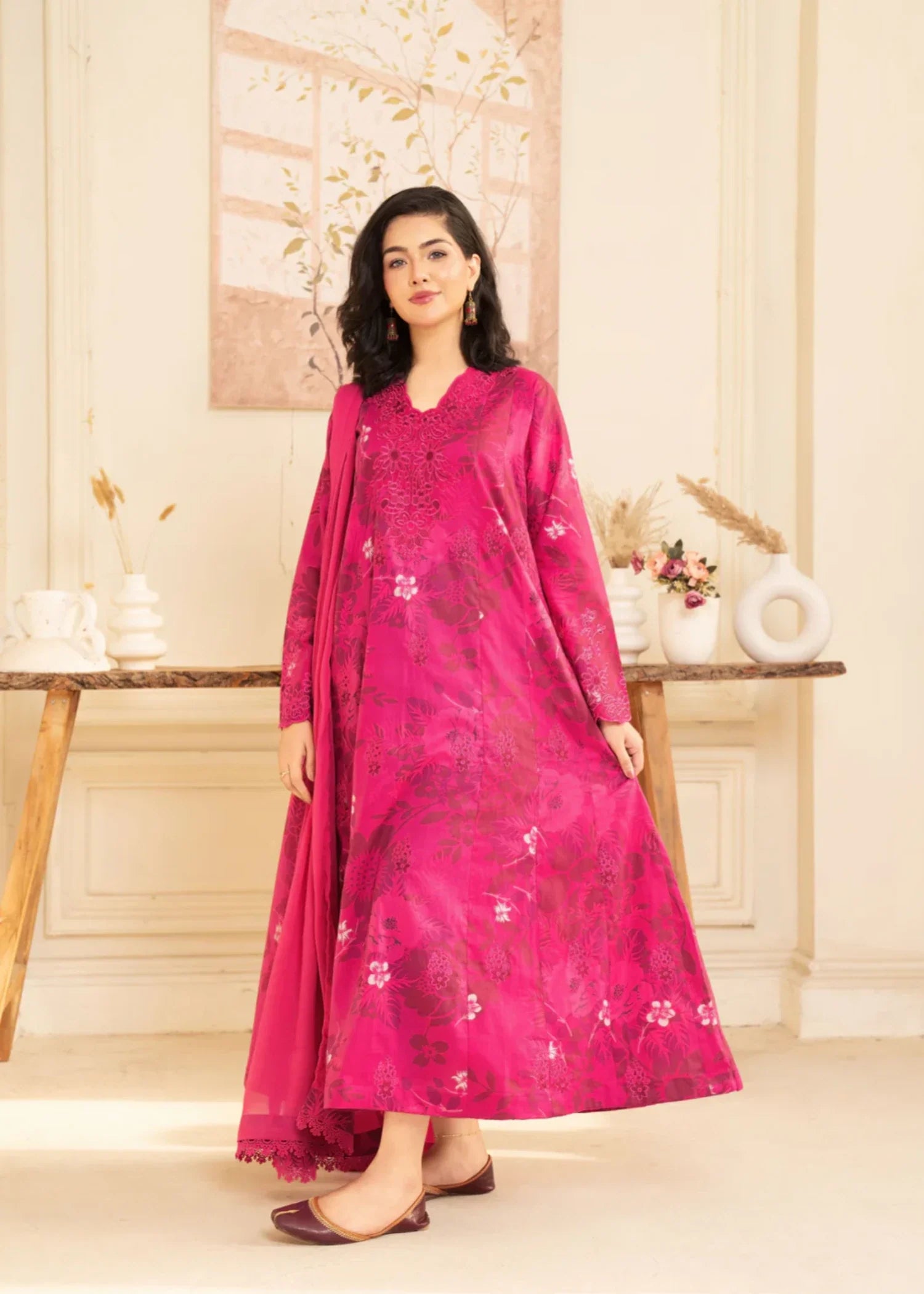 lawn cotton Pishwas in Shocking pink