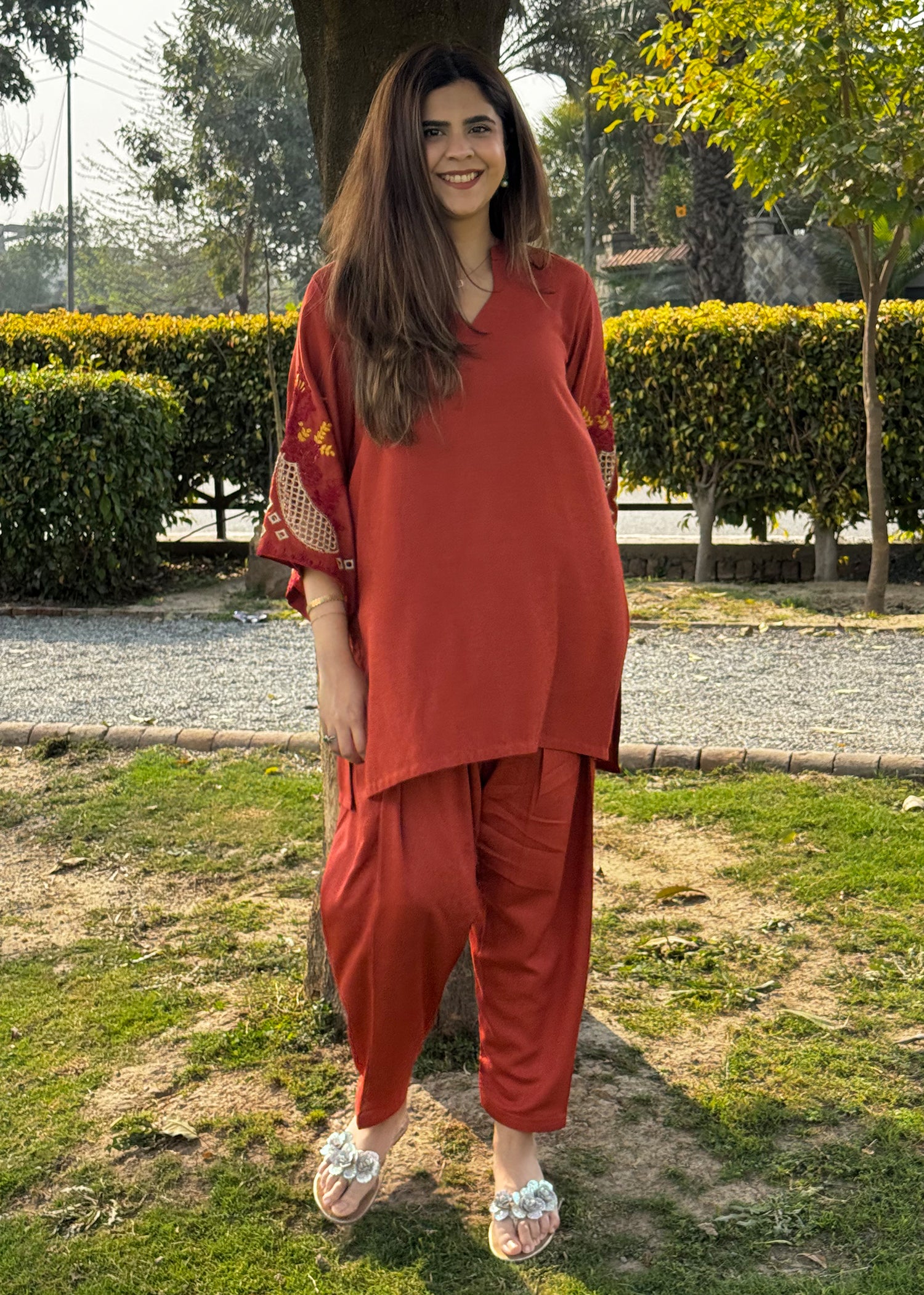 cotton karandi Kurta Set in Rust orange