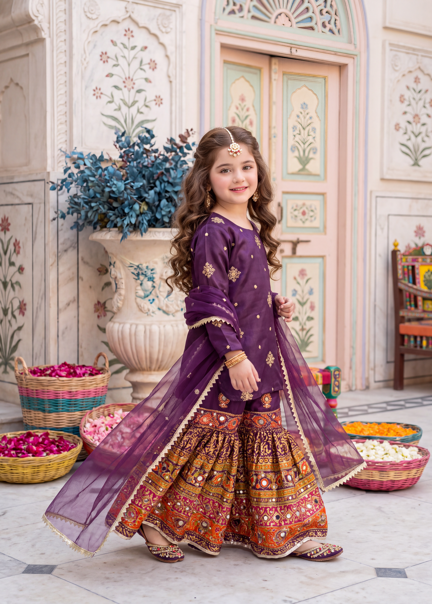 kattan silk Gharara in Purple, multi