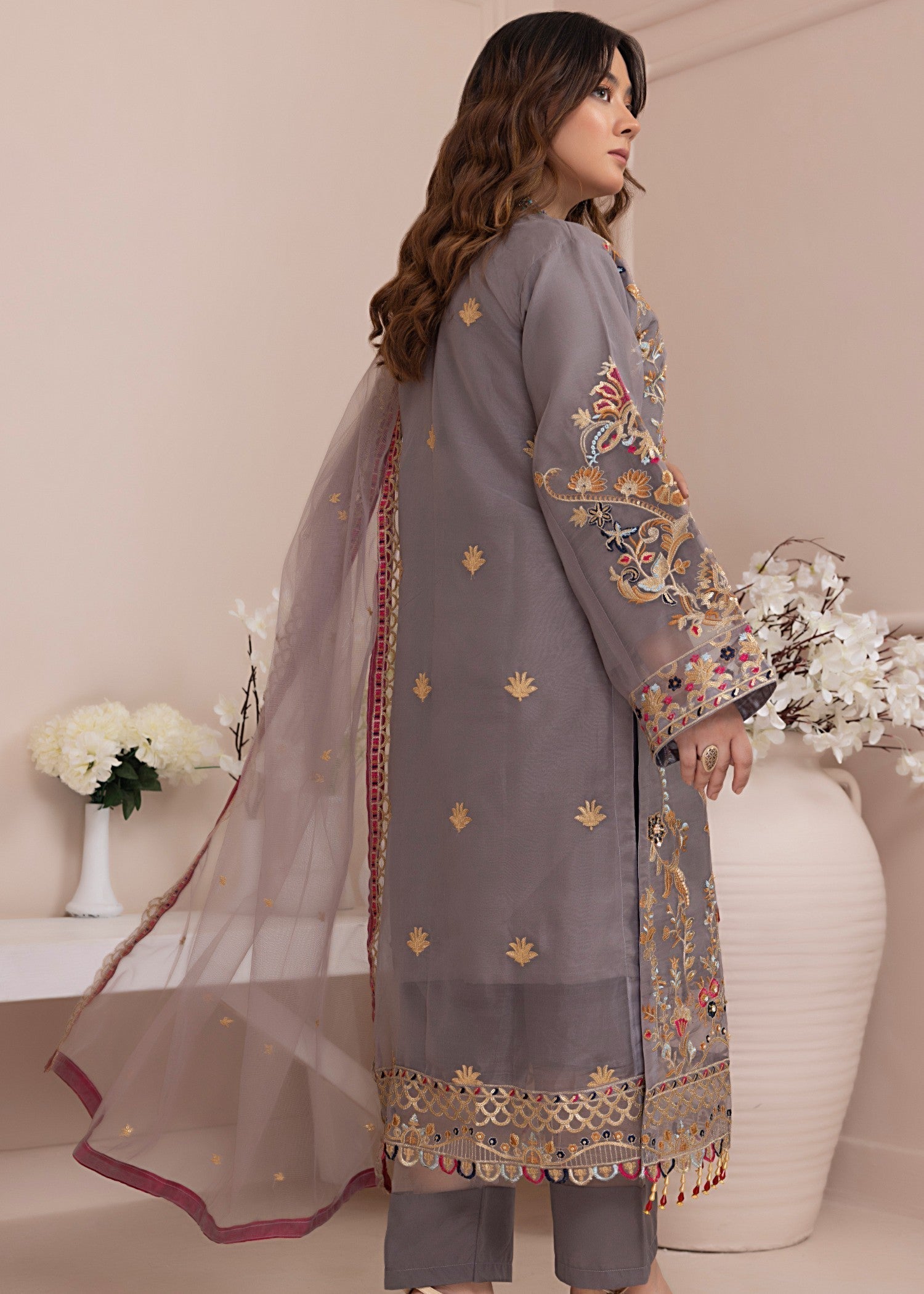 organza Kurta Set in Dark grey