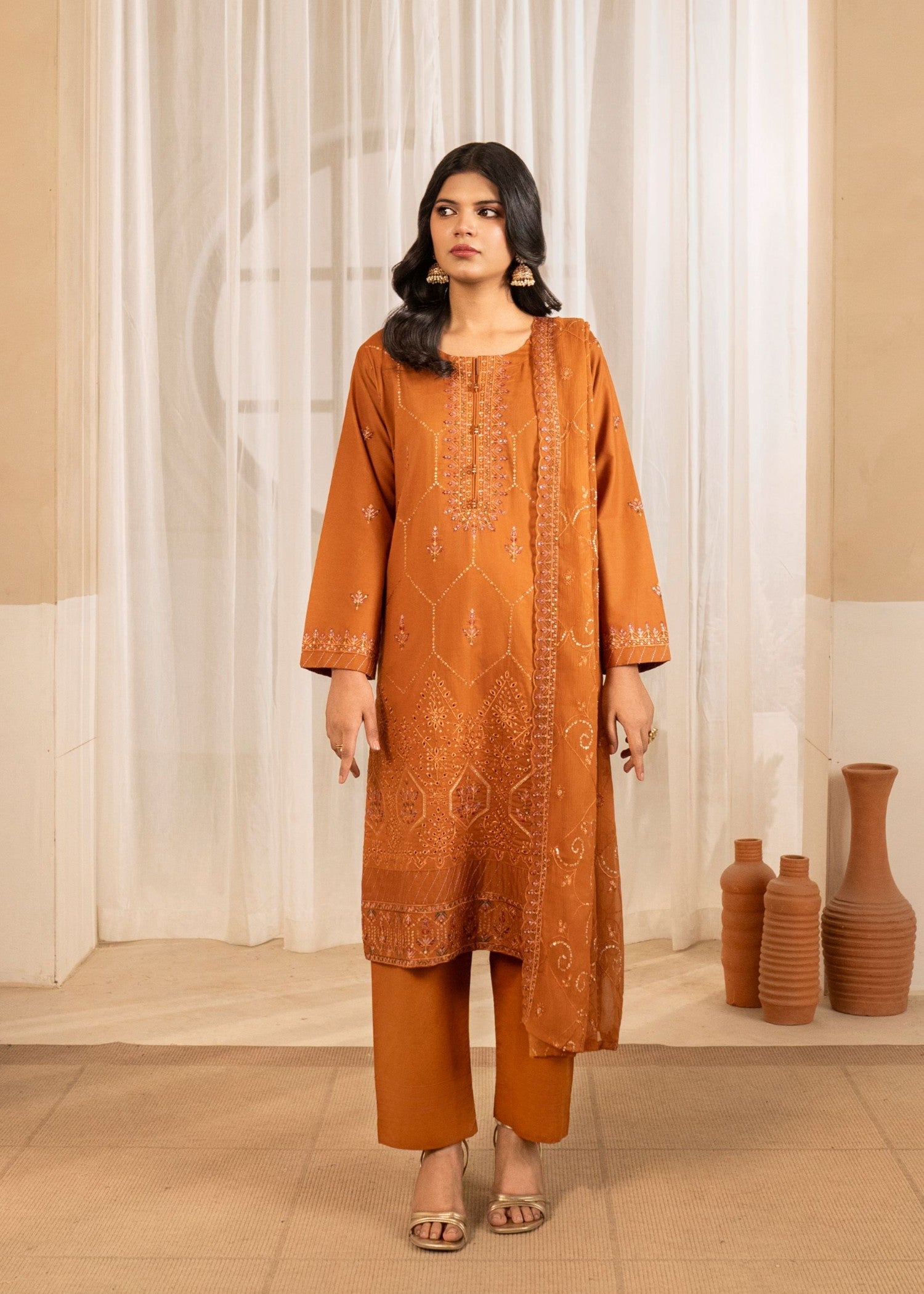 cotton Kurta Set in Bronze orange