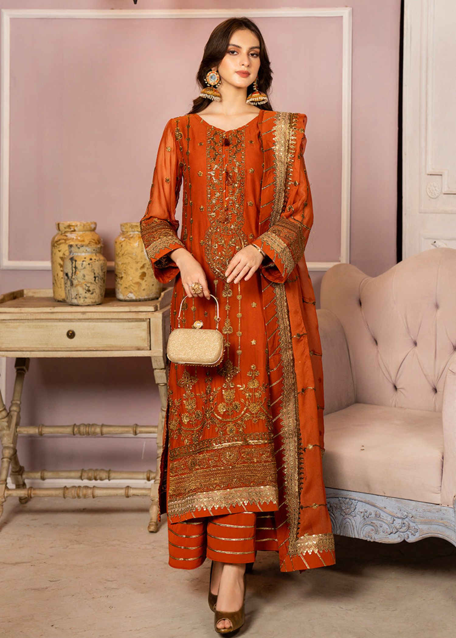 chiffon Kurta Set in Rust orange