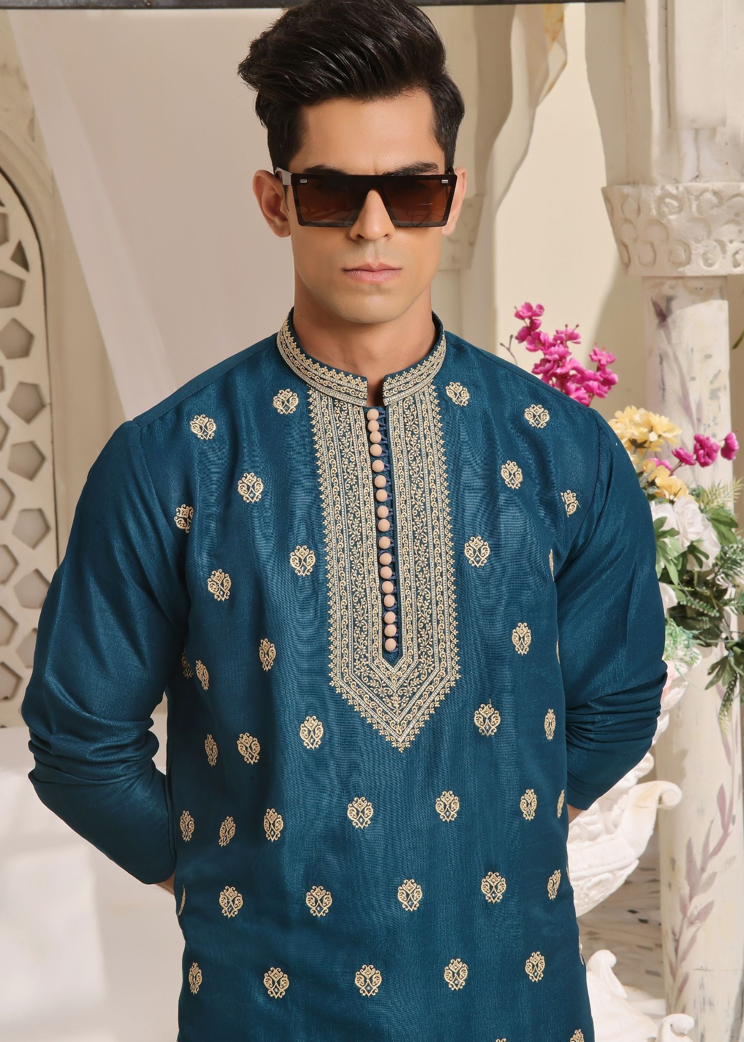 raw silk Kurta Set in Teal by The Great Masters (TGM)