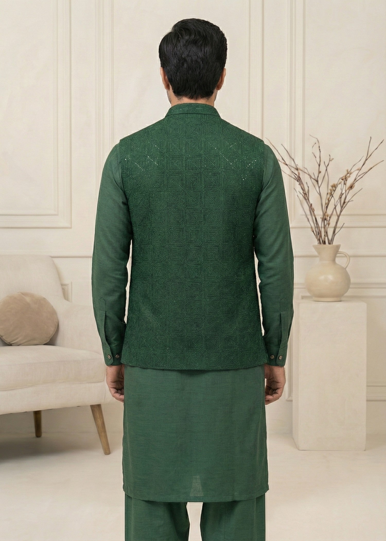 traditional jamawar Waistcoat in Green