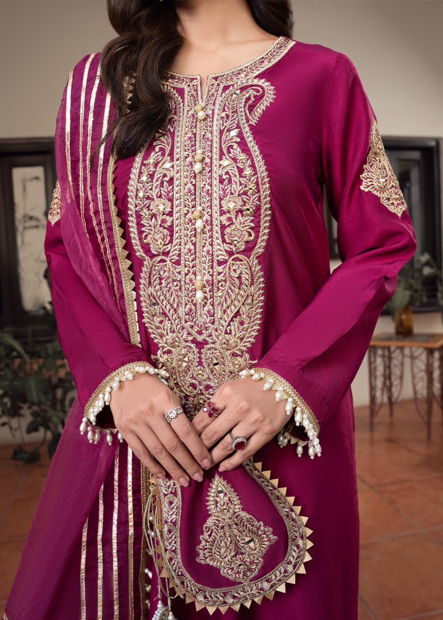 khaddi silk Kurta Set in Magenta