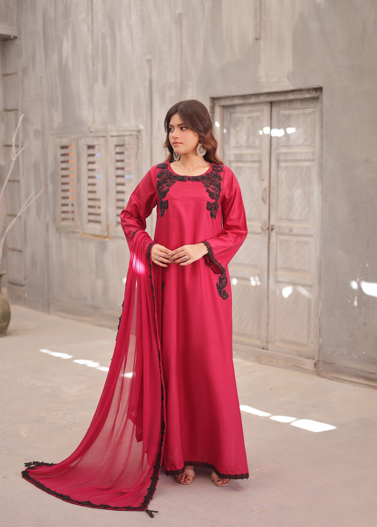 raw silk Kaftan in Cherry red