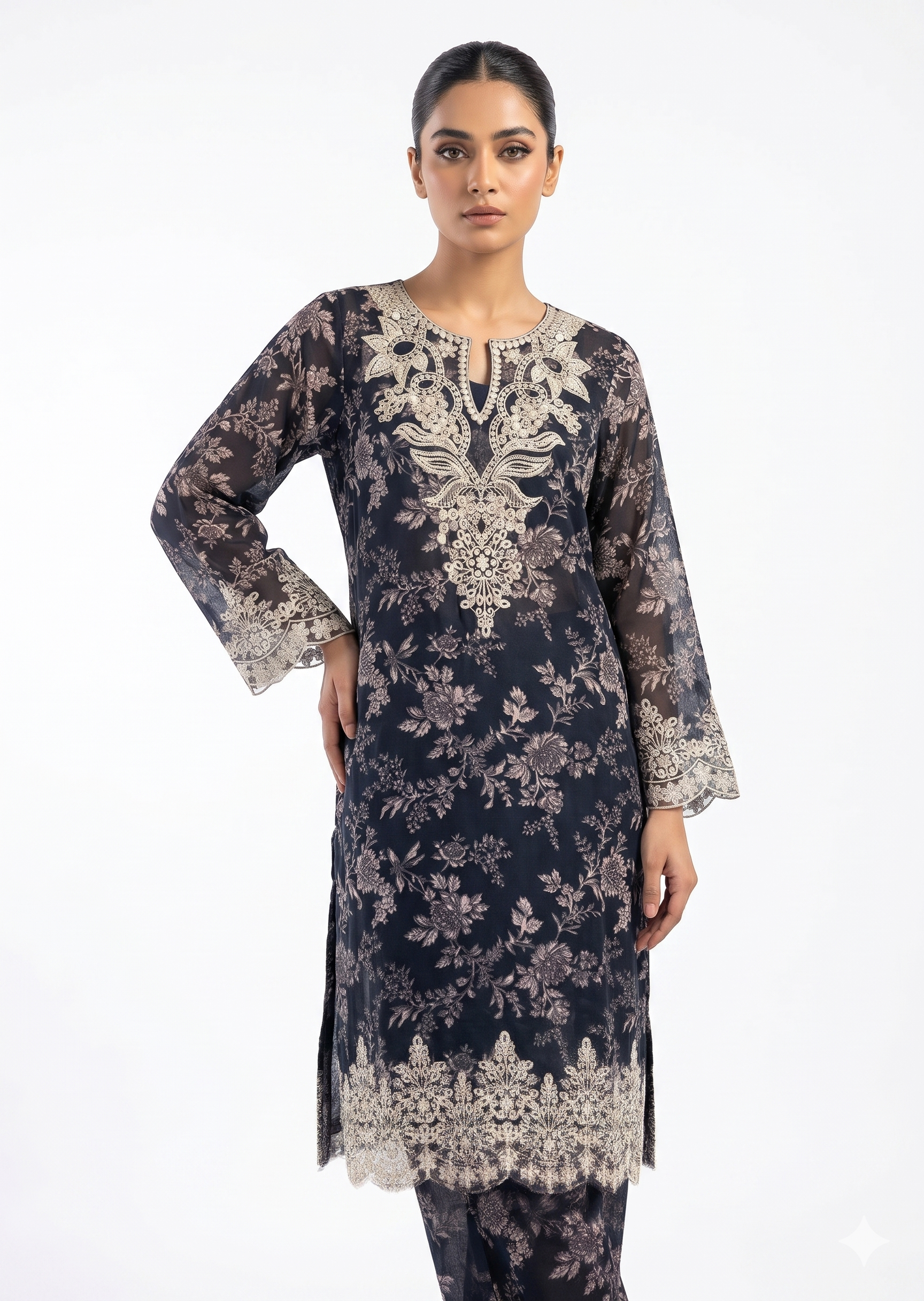 poly lawn Kurta Set in Black, white