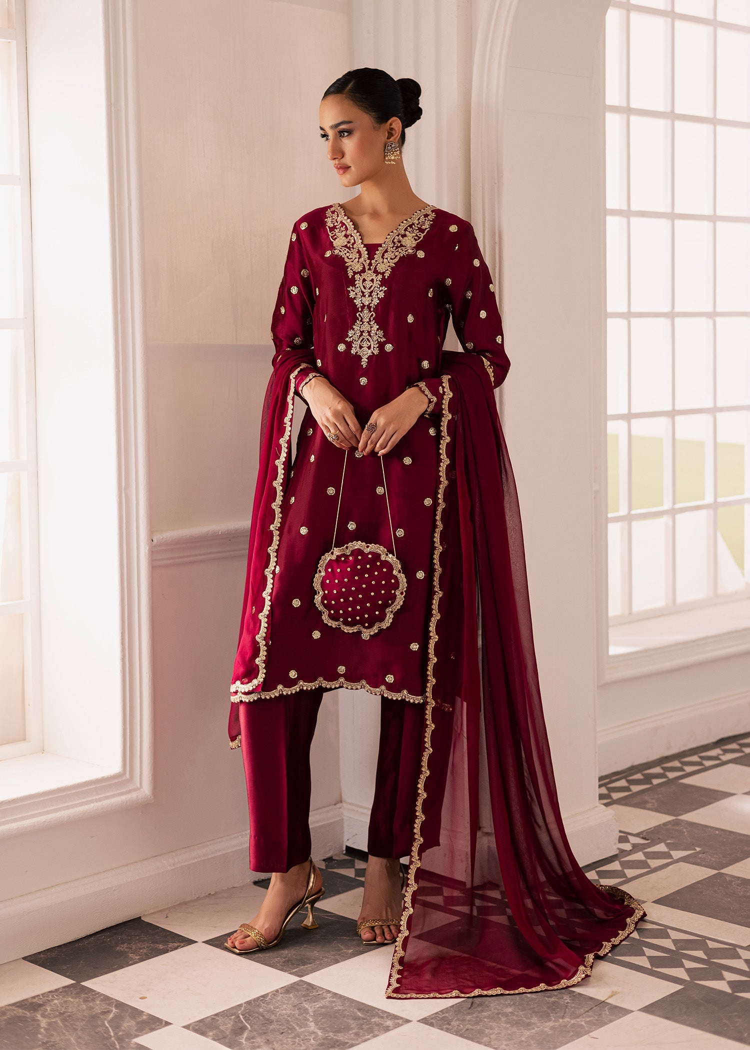 thai silk Kurta Set in Burgundy