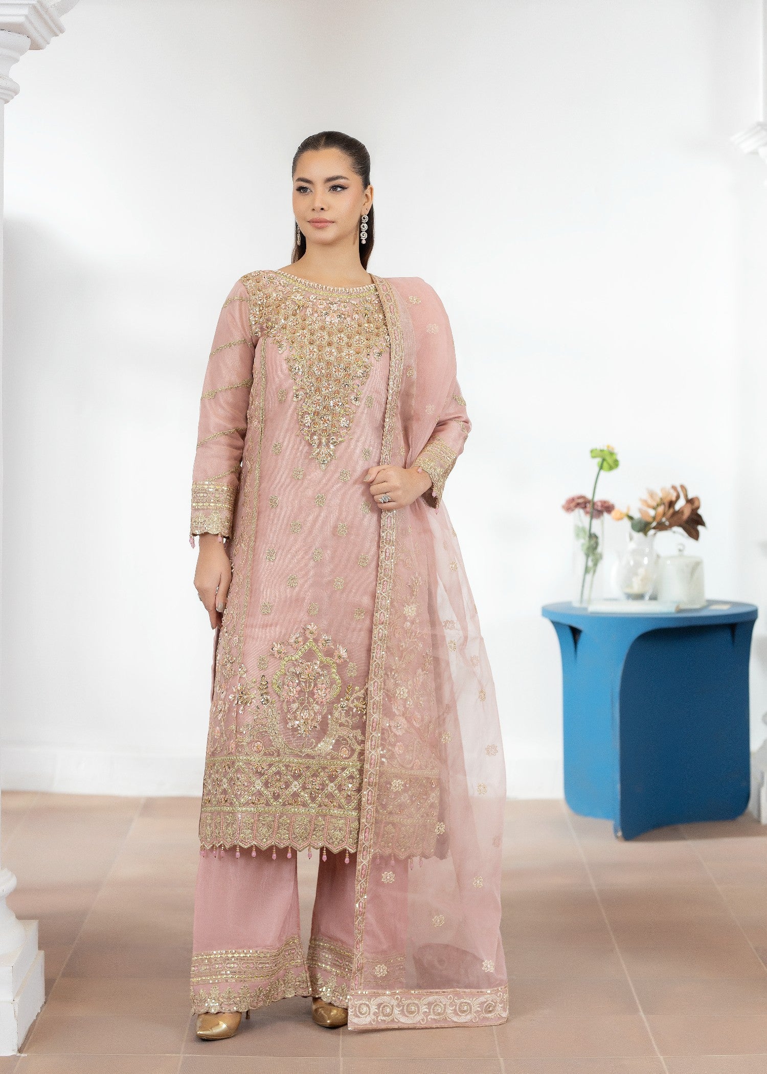 organza Kurta Set in Rose pink