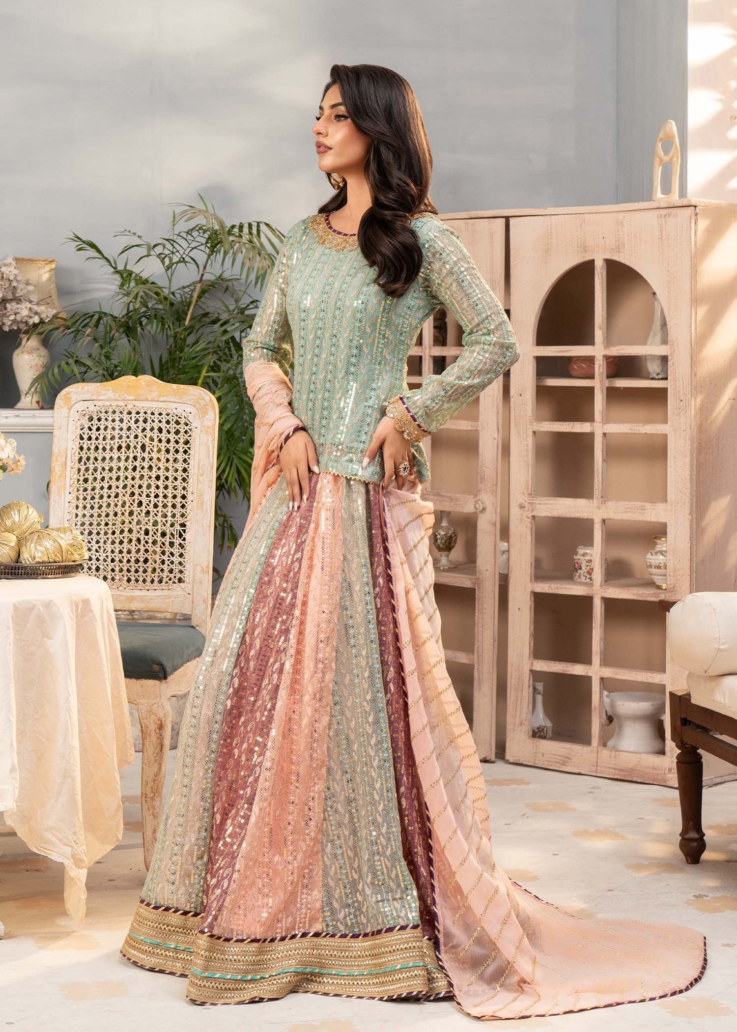 chiffon Lehenga in Multi