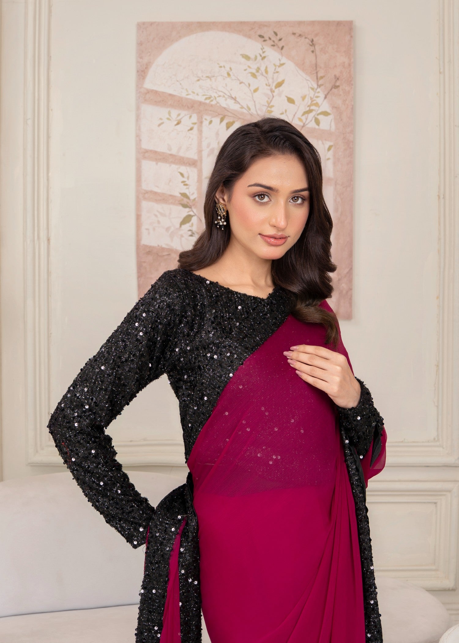bemberg crinkle chiffon Saree in Magenta