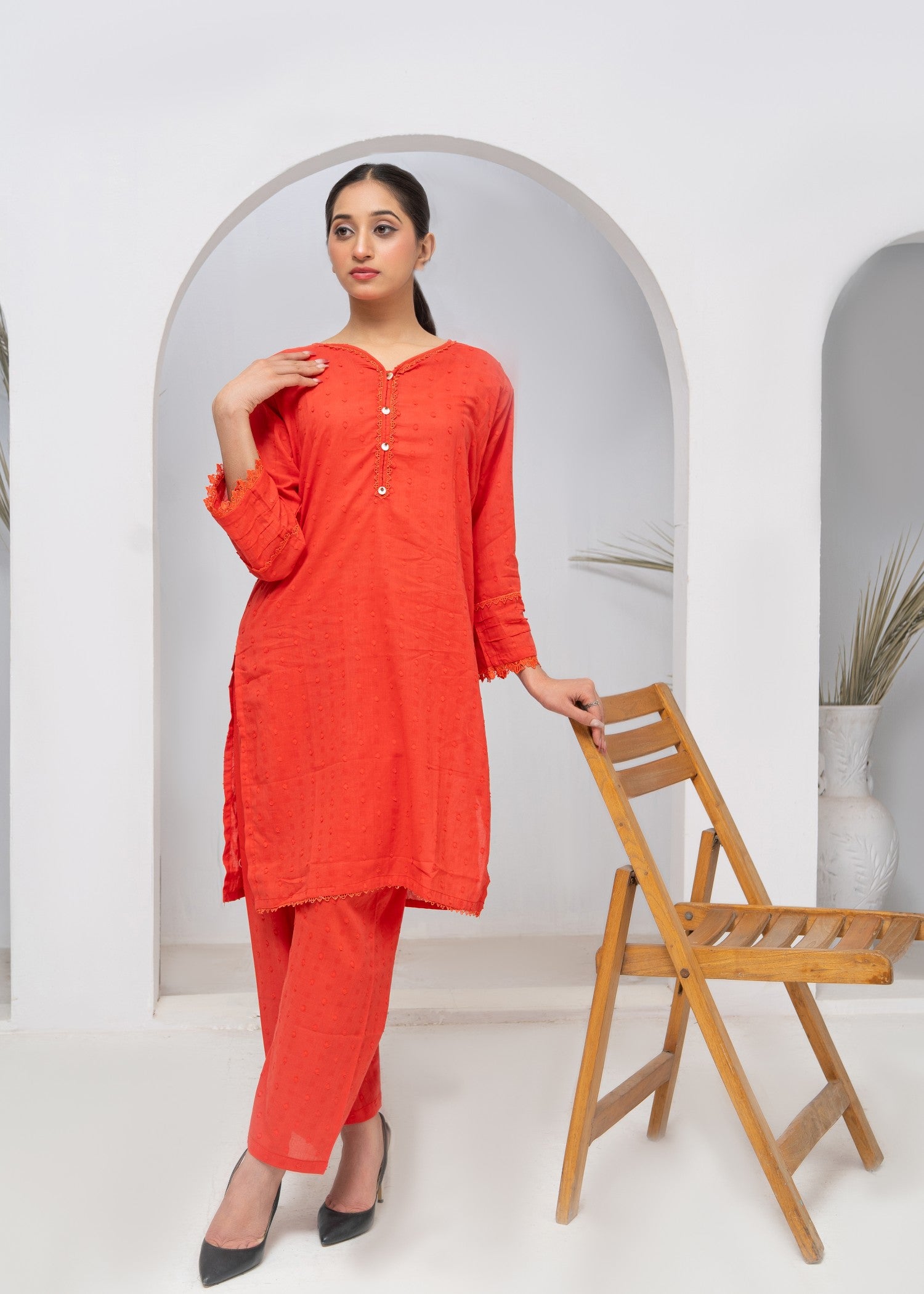 cotton Kurta Set in Cherry red