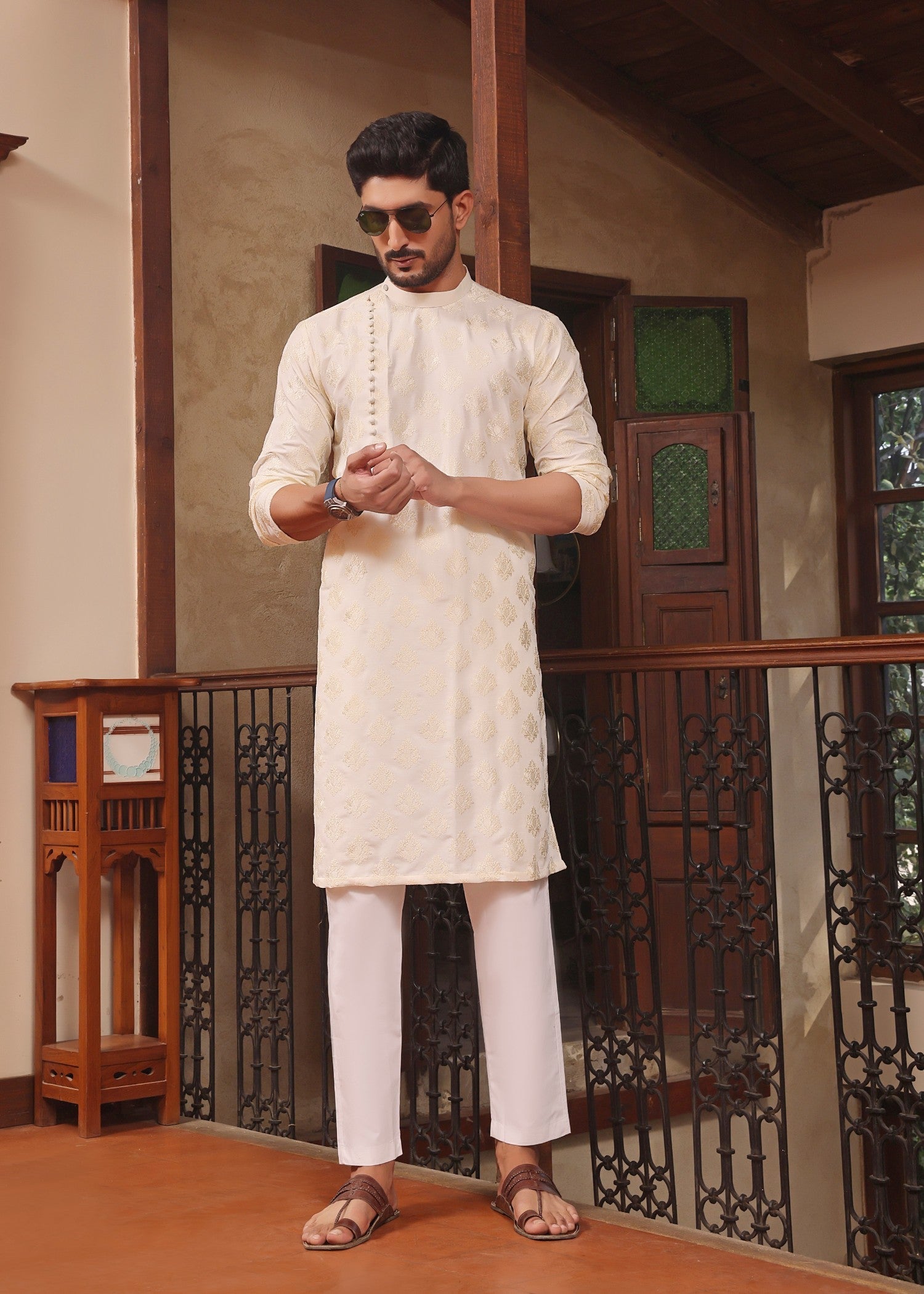 cotton silk Kurta Set in Ivory
