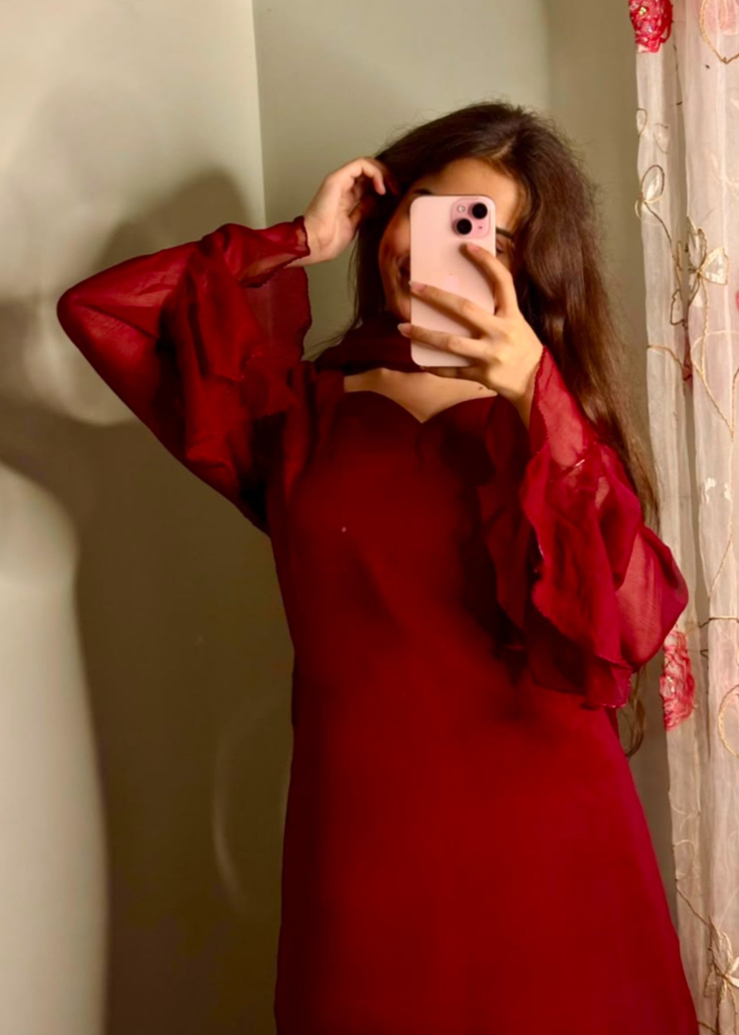 crinkle chiffon Kurta Set in Wine red