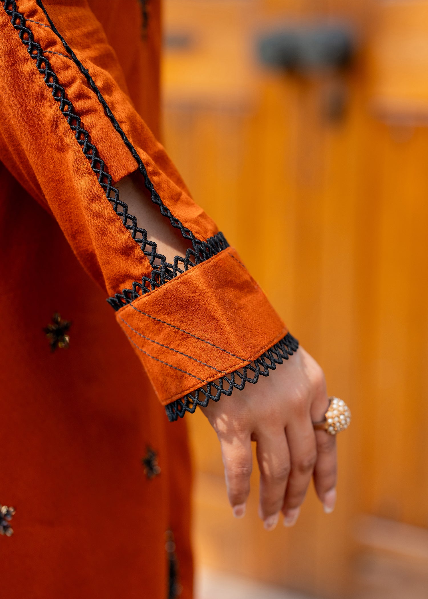 jacquard Kurta Set in Yellow-orange