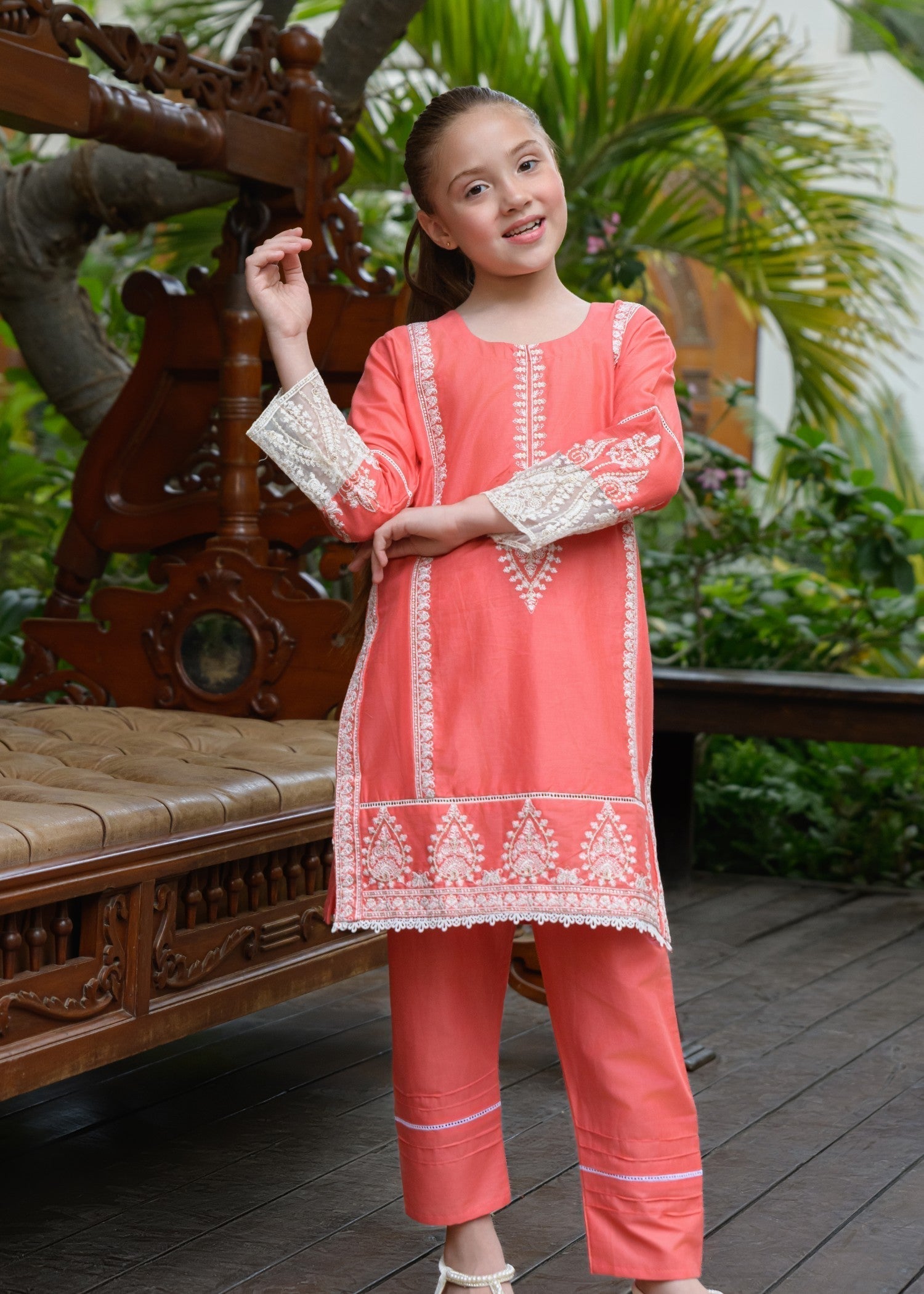 lawn Kurta Set in Coral pink