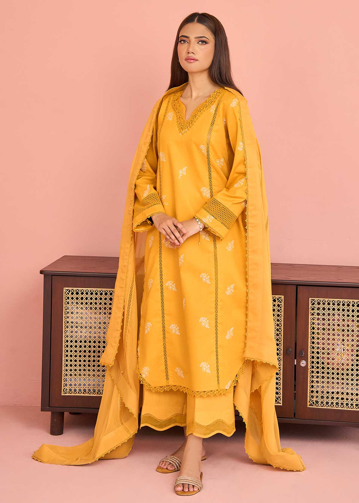 textured lawn Kurta Set in Mustard