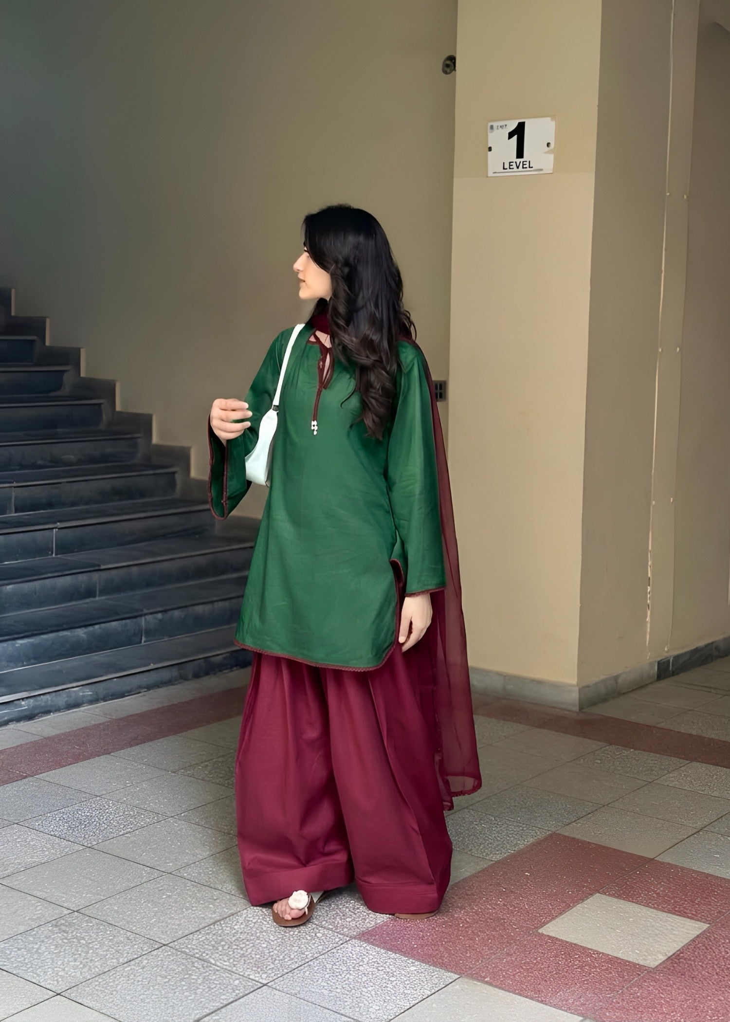 linen Kurta Set in Bottle green, maroon