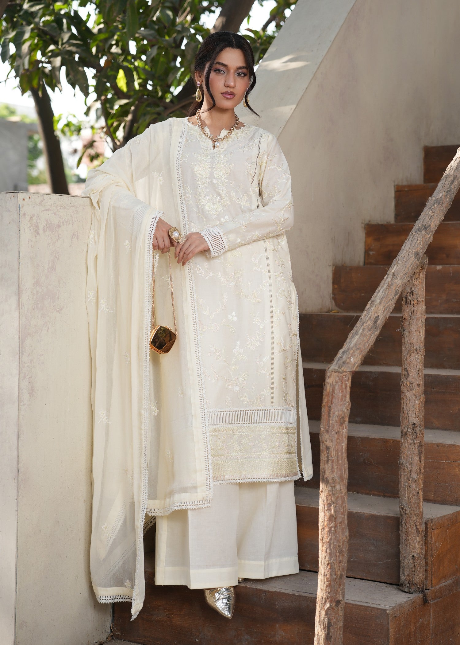 lawn Kurta Set in Off-white, goldfish orange