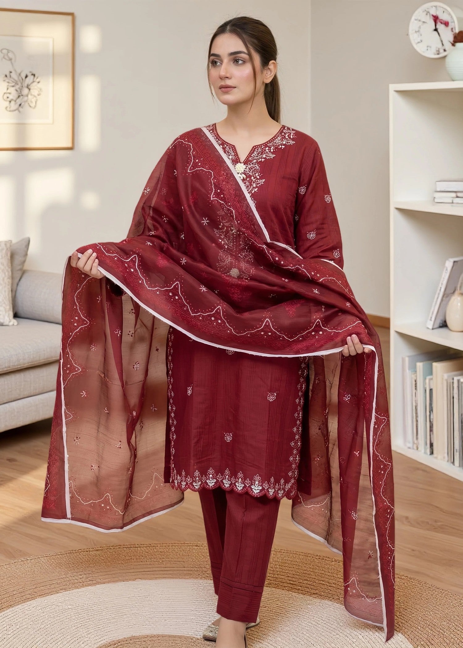 cambric cotton Kurta Set in Maroon