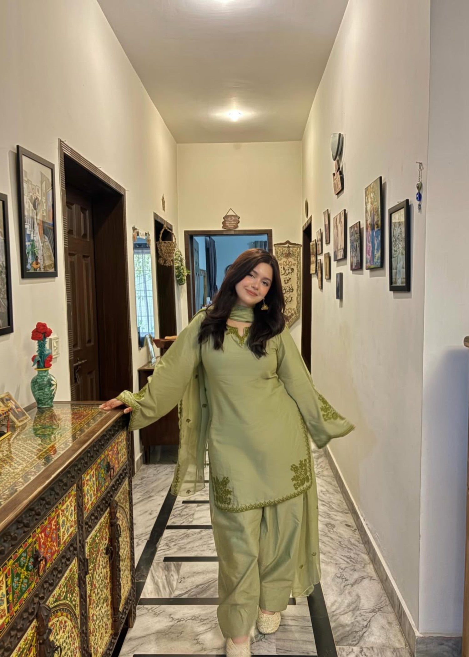 cotton Kurta Set in Apple green