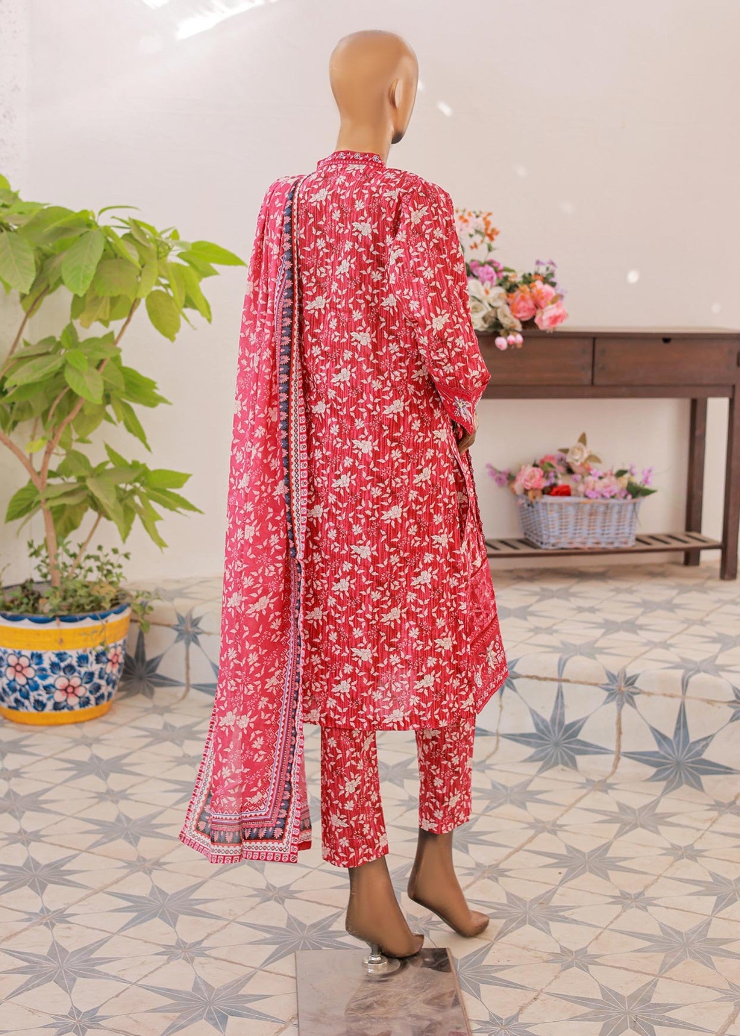 lawn Kurta Set in Ruby red